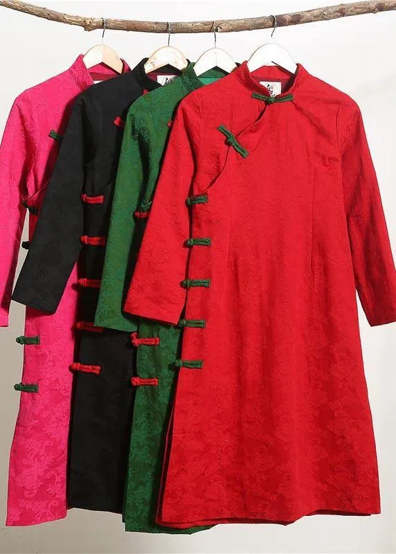 100% Stand Collar Chinese Button Spring Clothes Women Work Outfits Black A Line Dresses