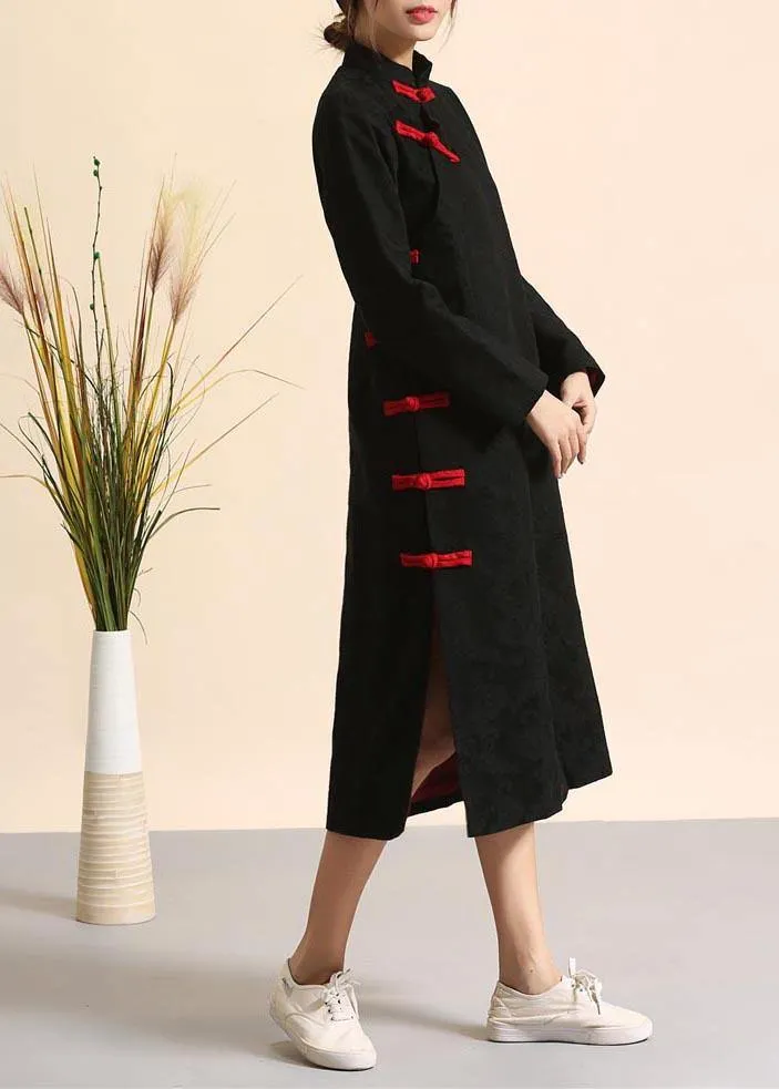 100% Stand Collar Chinese Button Spring Clothes Women Work Outfits Black A Line Dresses