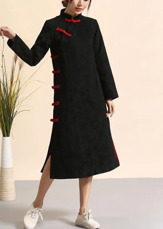 100% Stand Collar Chinese Button Spring Clothes Women Work Outfits Black A Line Dresses