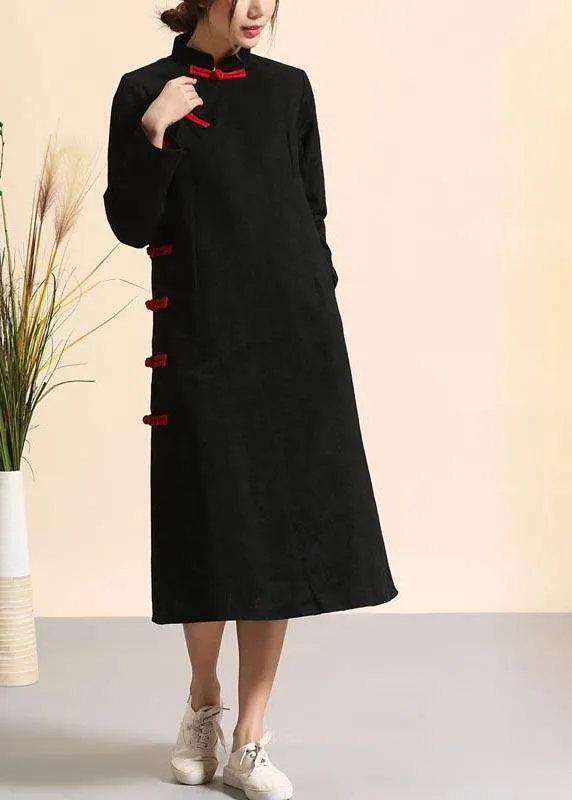 100% Stand Collar Chinese Button Spring Clothes Women Work Outfits Black A Line Dresses
