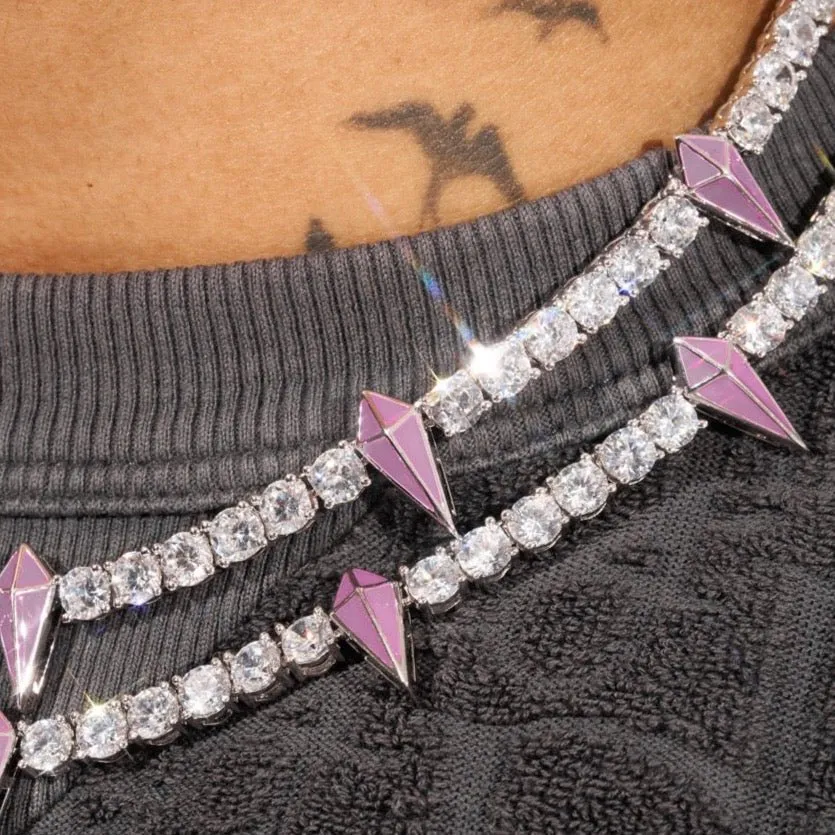 5mm PINK PAVE SPIKE TENNIS CHAIN - WHITE GOLD