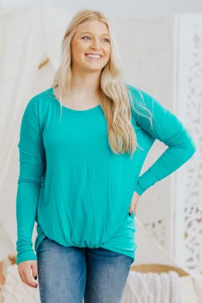 After Work Delight Long Sleeve Twisted Hem Top in Jade