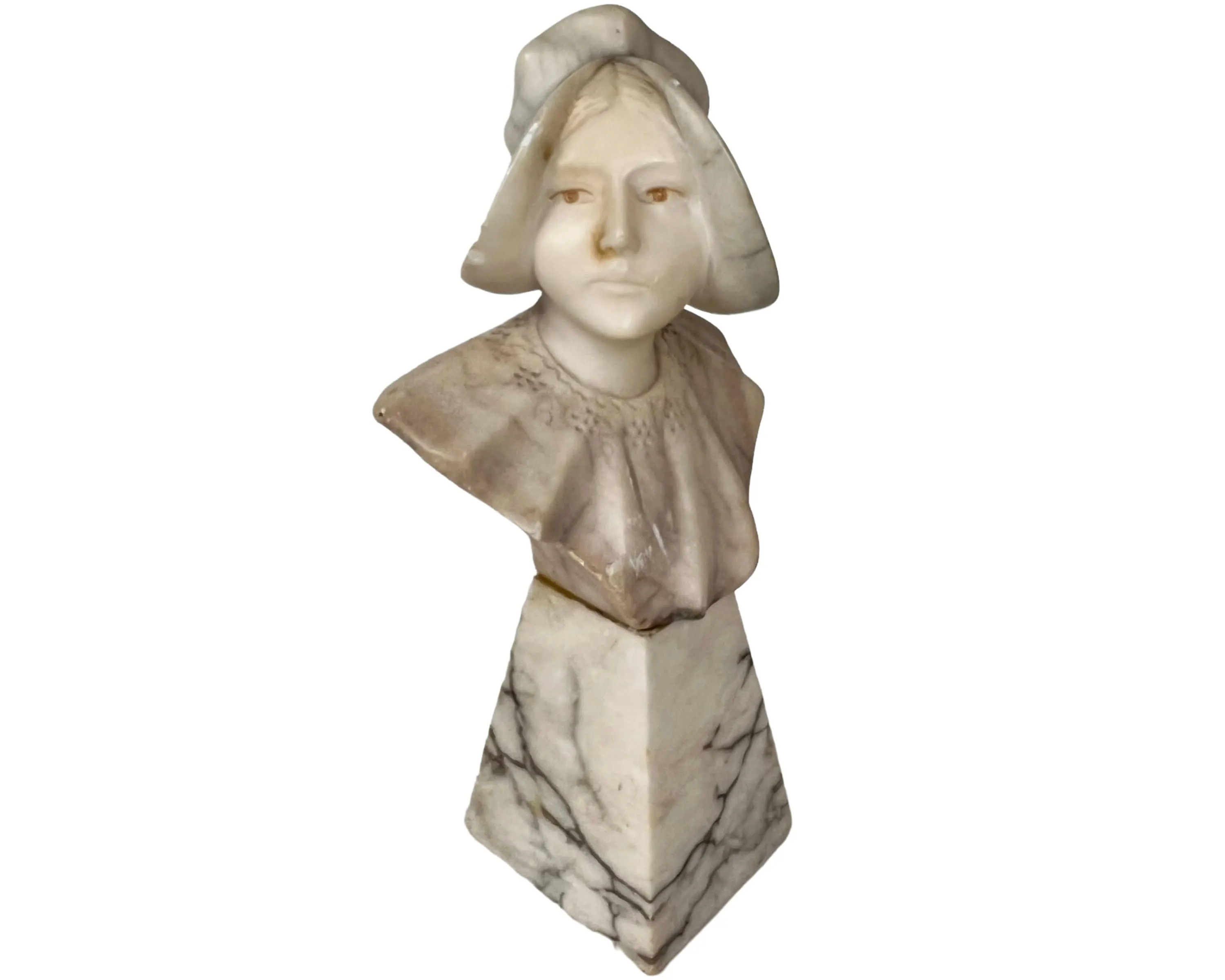 Antique Alabaster Bust Renaissance Woman Unsigned Sculpture on Pedestal