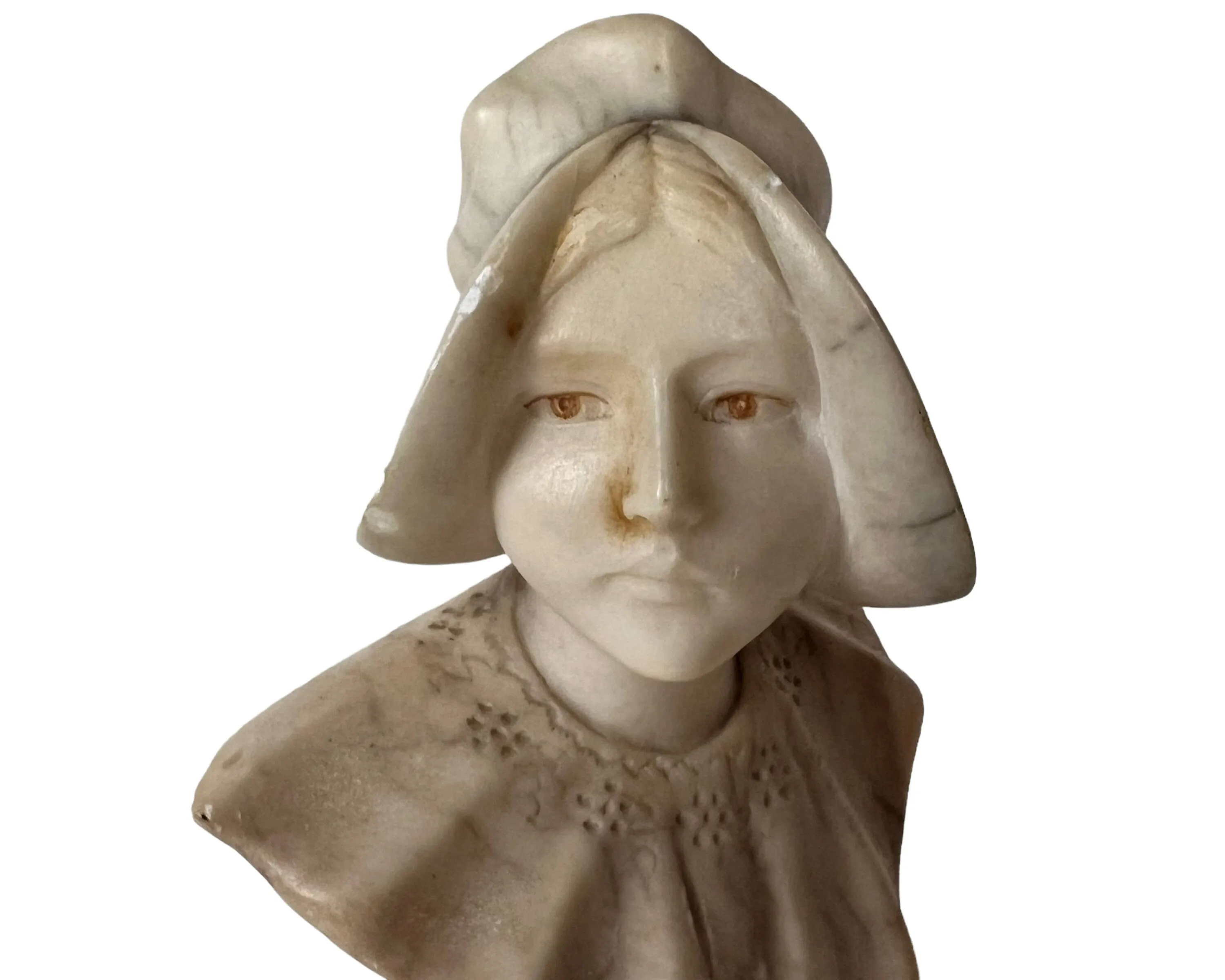 Antique Alabaster Bust Renaissance Woman Unsigned Sculpture on Pedestal
