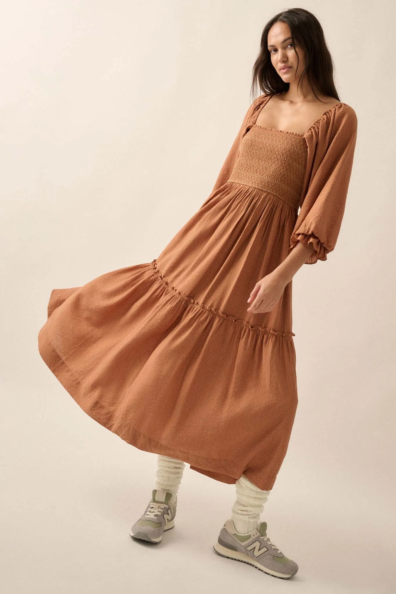 Autumn Sunset Smocked Midi Peasant Dress