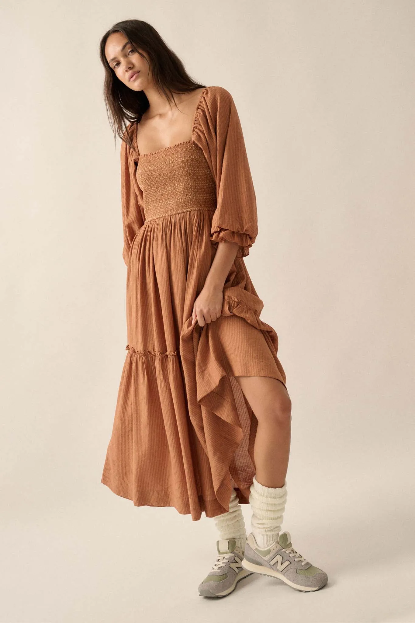 Autumn Sunset Smocked Midi Peasant Dress
