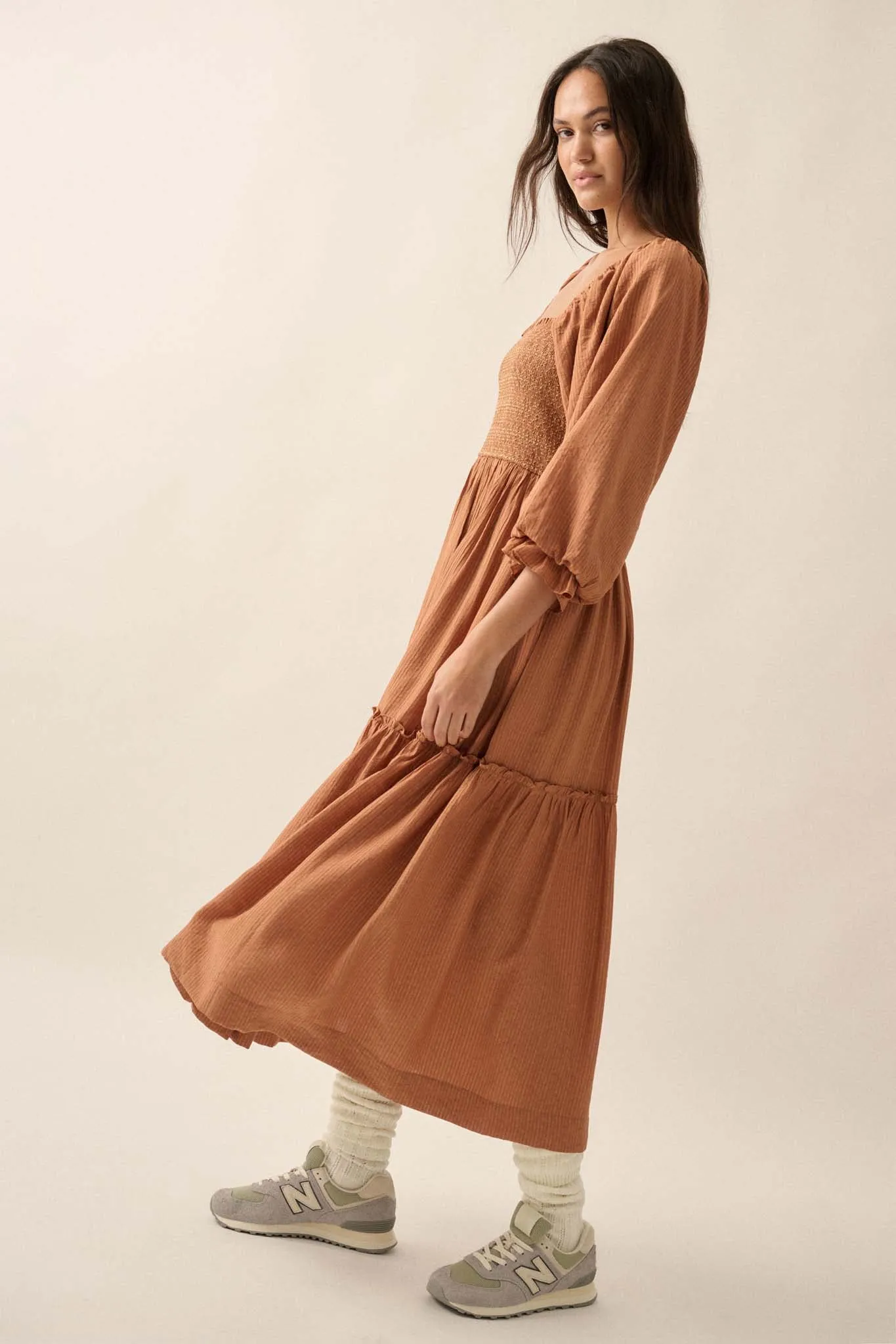 Autumn Sunset Smocked Midi Peasant Dress