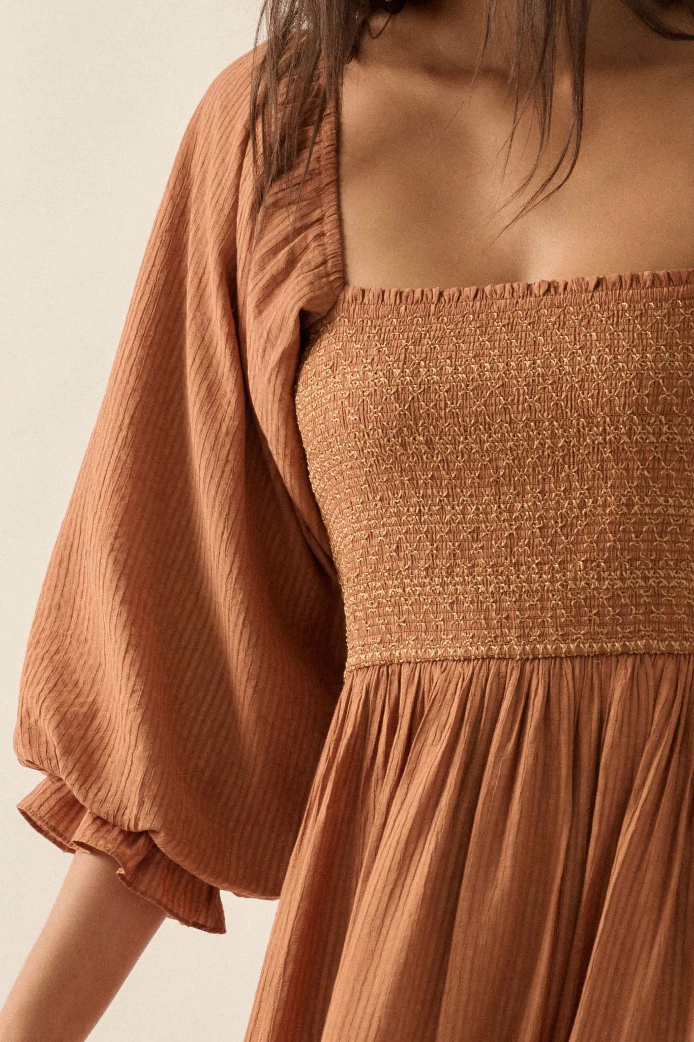 Autumn Sunset Smocked Midi Peasant Dress