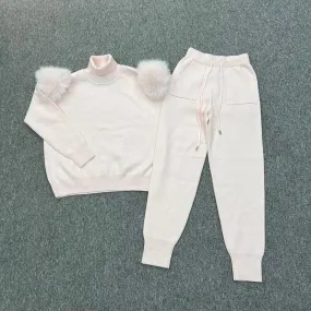 Baby Pink Faux Fur Shoulder Roll Neck Jogger Tracksuit
