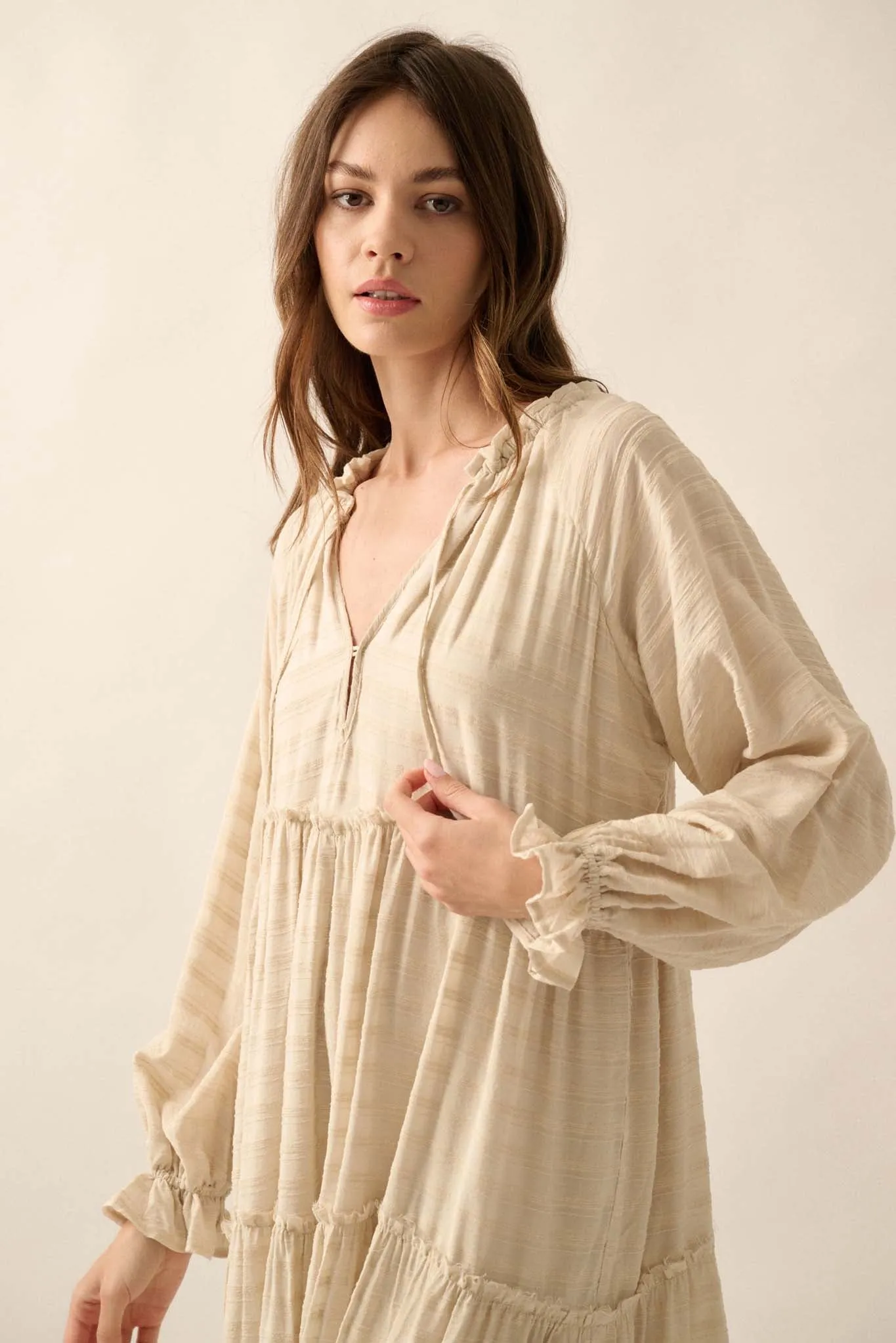Begin Again Tiered Tonal-Stripe Midi Prairie Dress