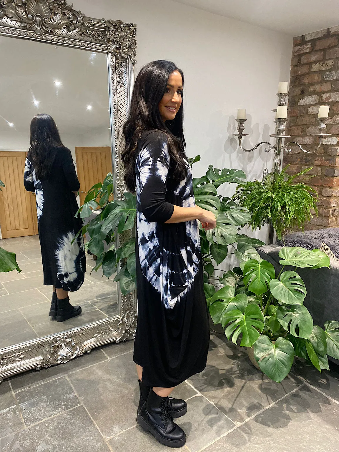 Black 3/4 Sleeve Tie Dye Dress Harmony