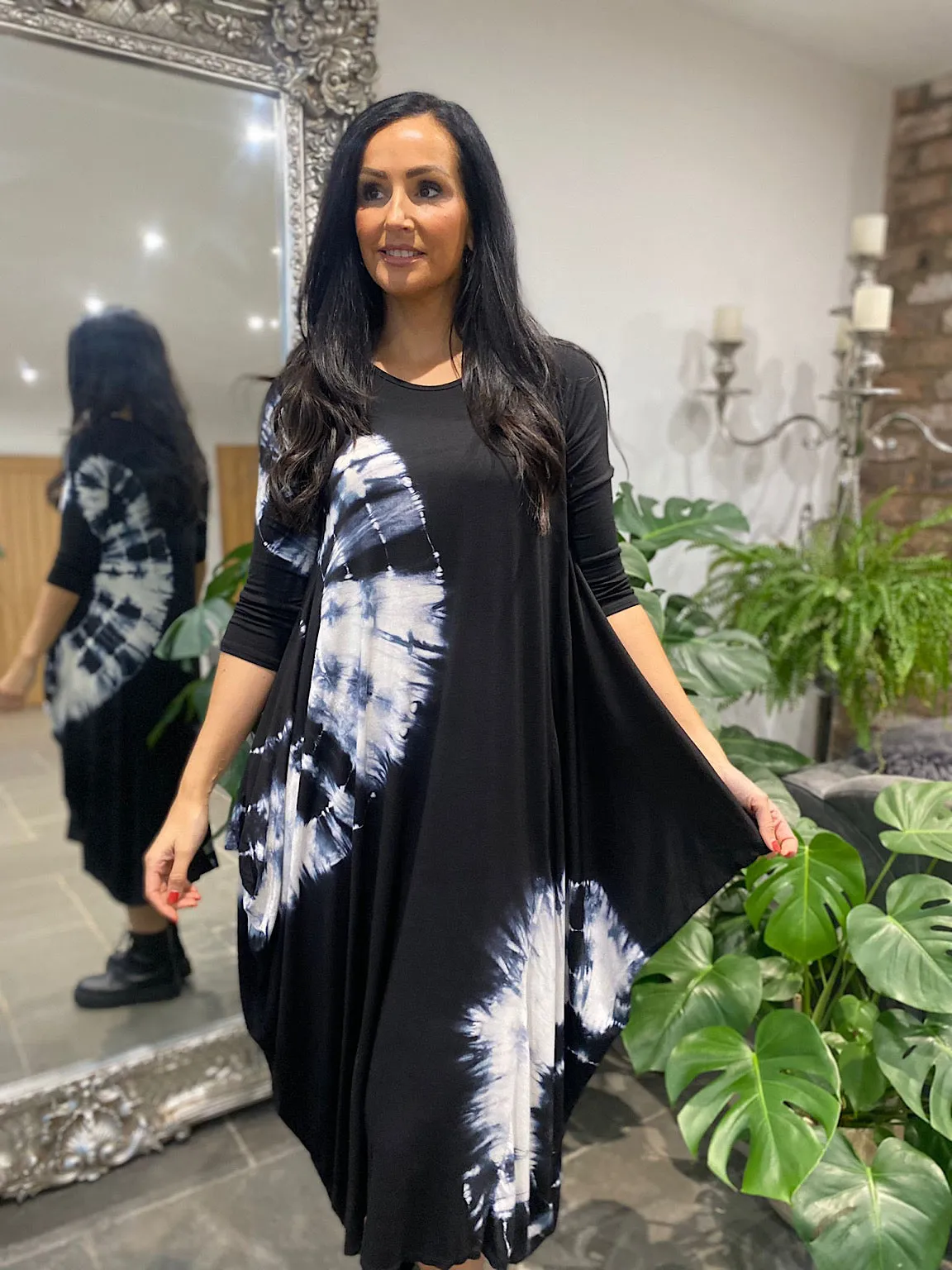 Black 3/4 Sleeve Tie Dye Dress Harmony