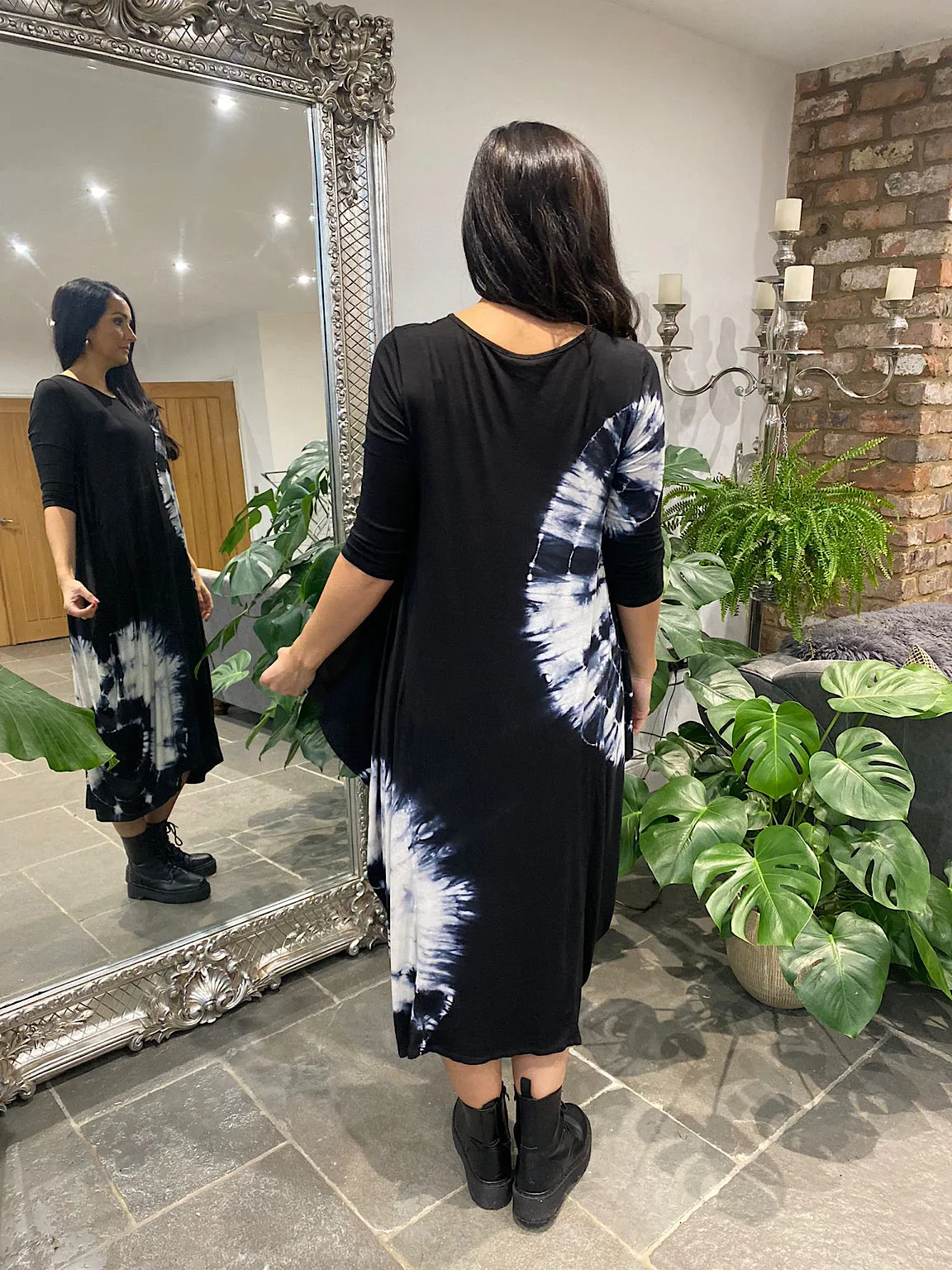 Black 3/4 Sleeve Tie Dye Dress Harmony