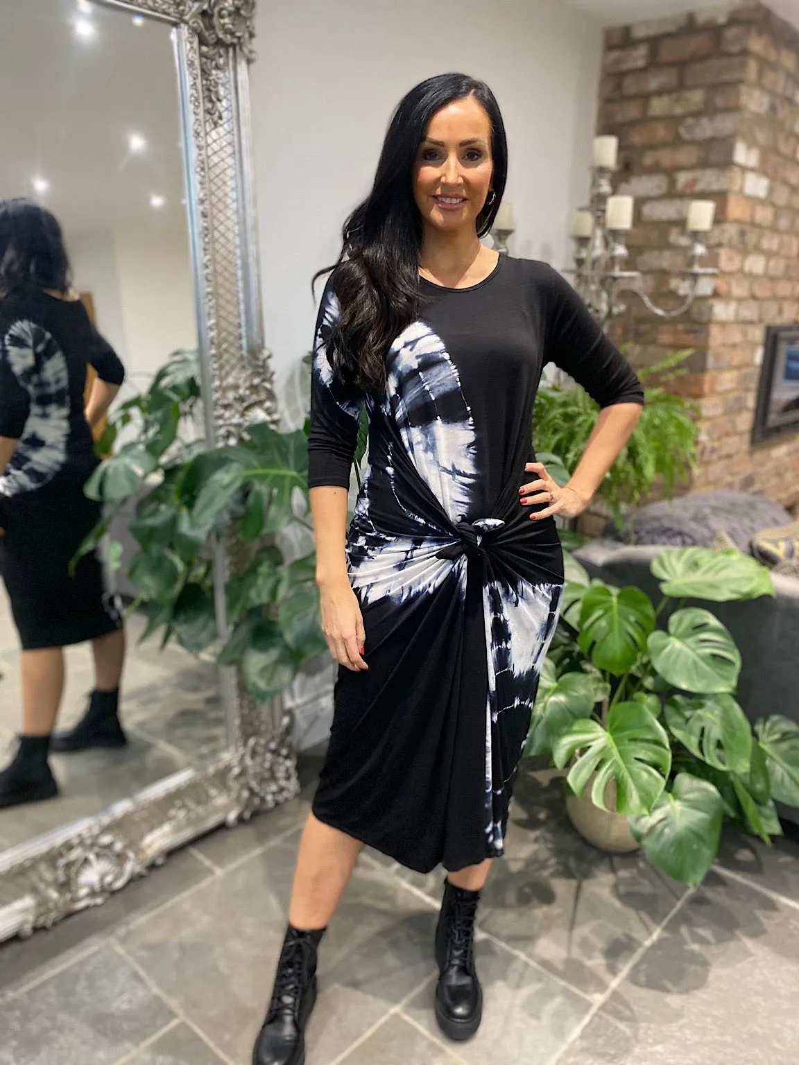 Black 3/4 Sleeve Tie Dye Dress Harmony