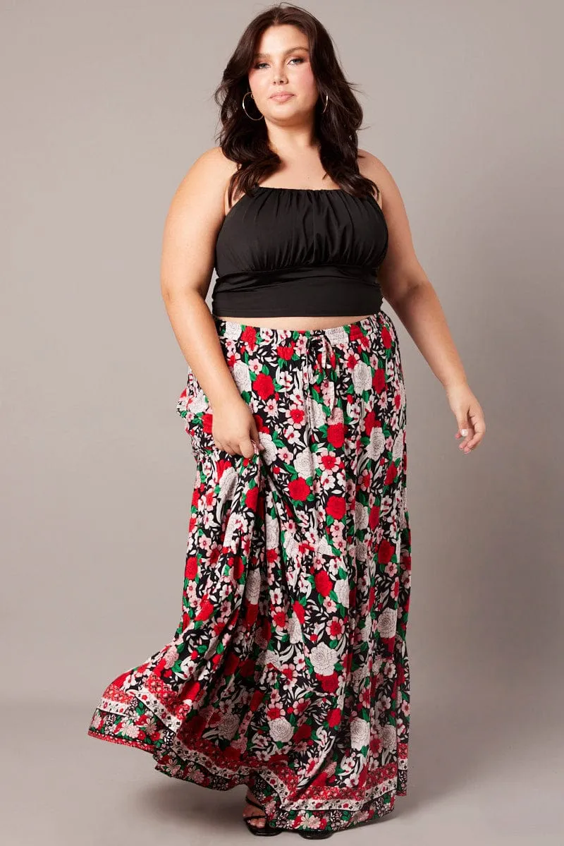 Black Boho Maxi Skirt High Waist Tiered