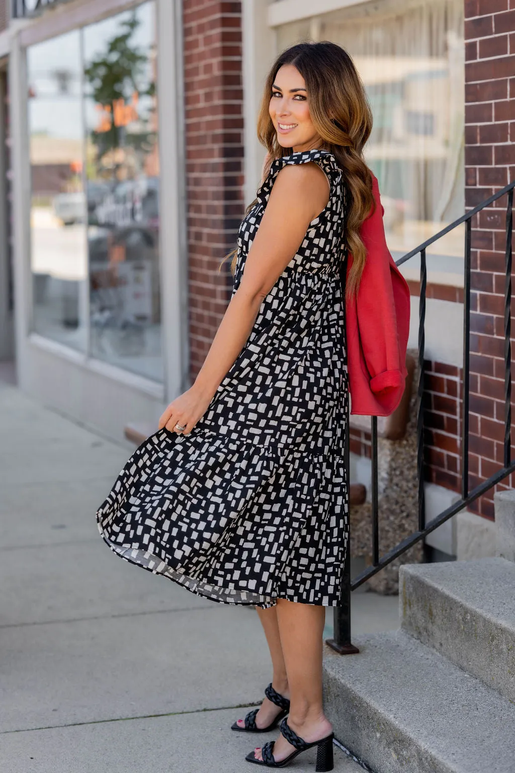 Blocked Confetti Ruffle Bottom Midi Dress