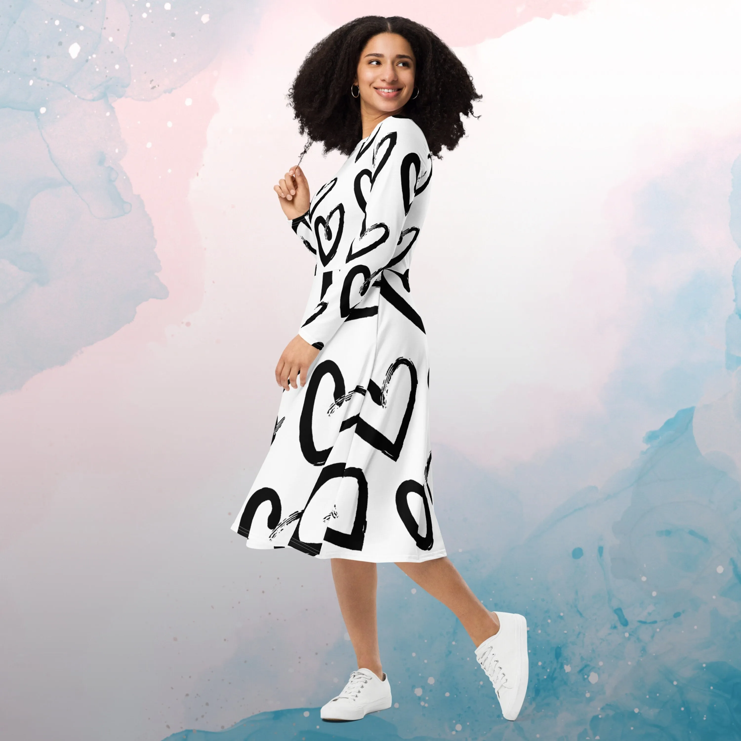 Brush Stroke Hearts Womens Long Sleeve Midi Dress with Pockets