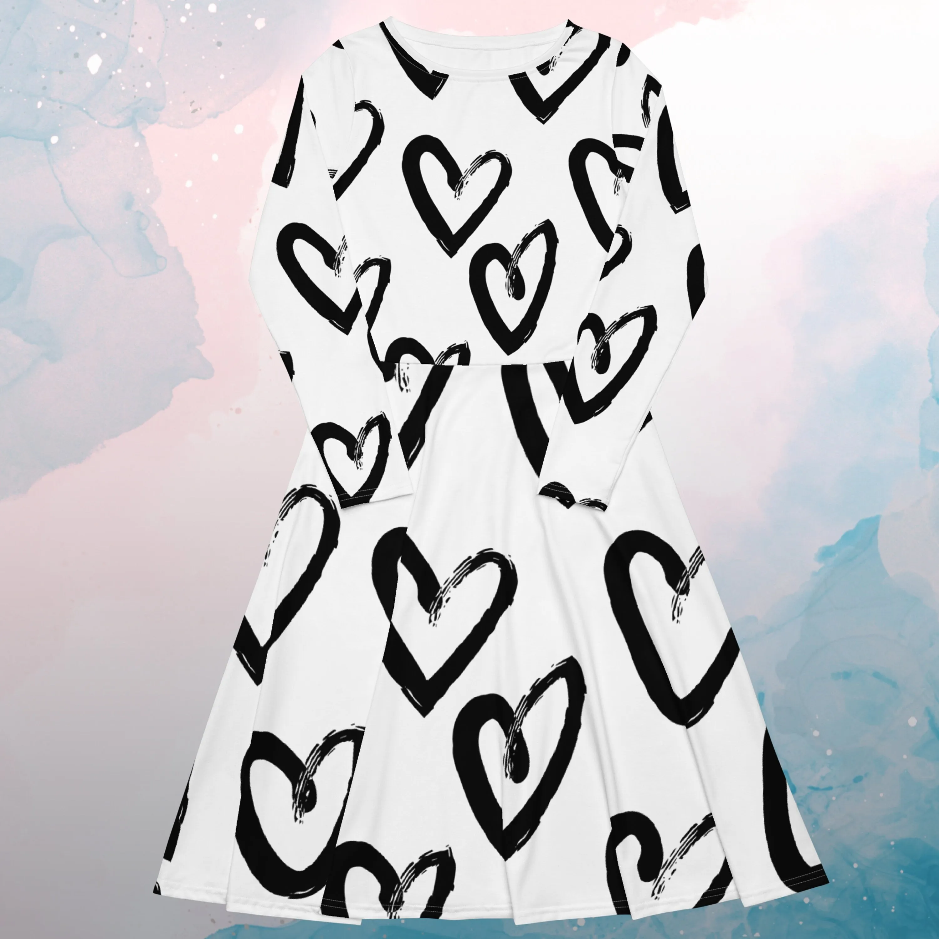 Brush Stroke Hearts Womens Long Sleeve Midi Dress with Pockets