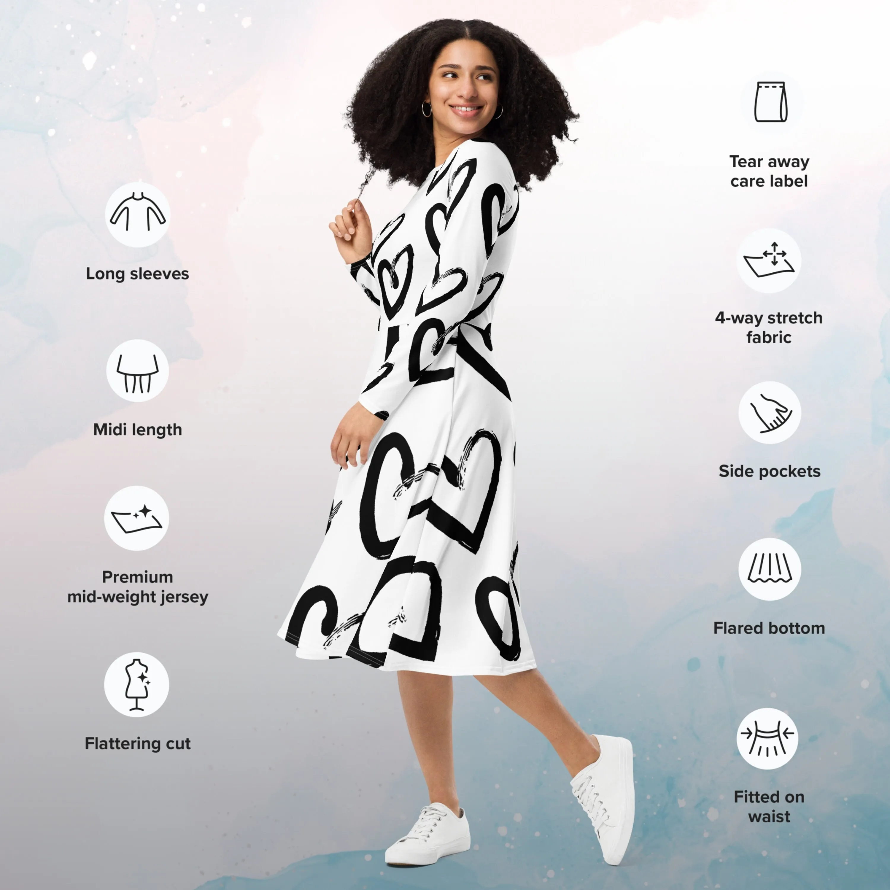 Brush Stroke Hearts Womens Long Sleeve Midi Dress with Pockets