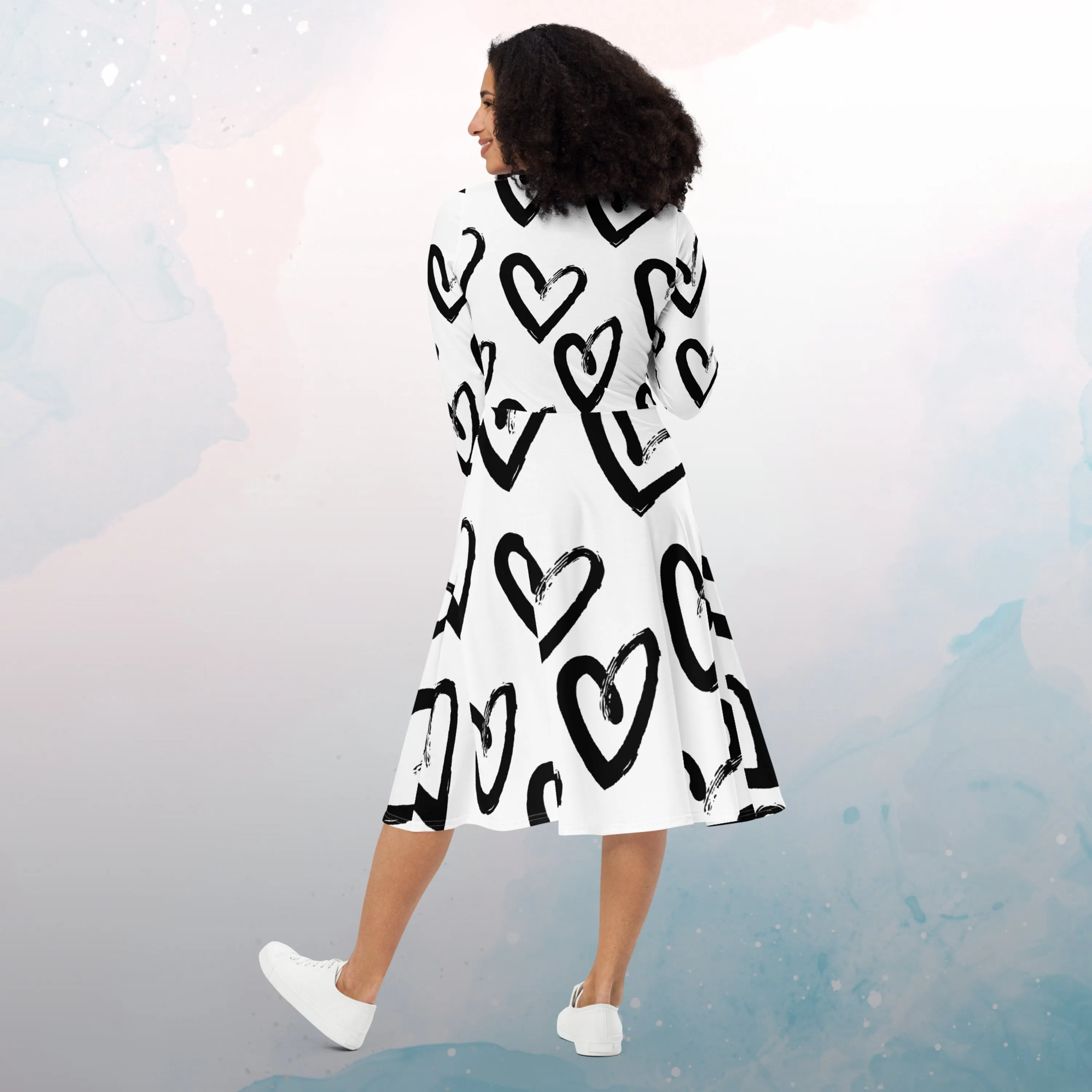 Brush Stroke Hearts Womens Long Sleeve Midi Dress with Pockets