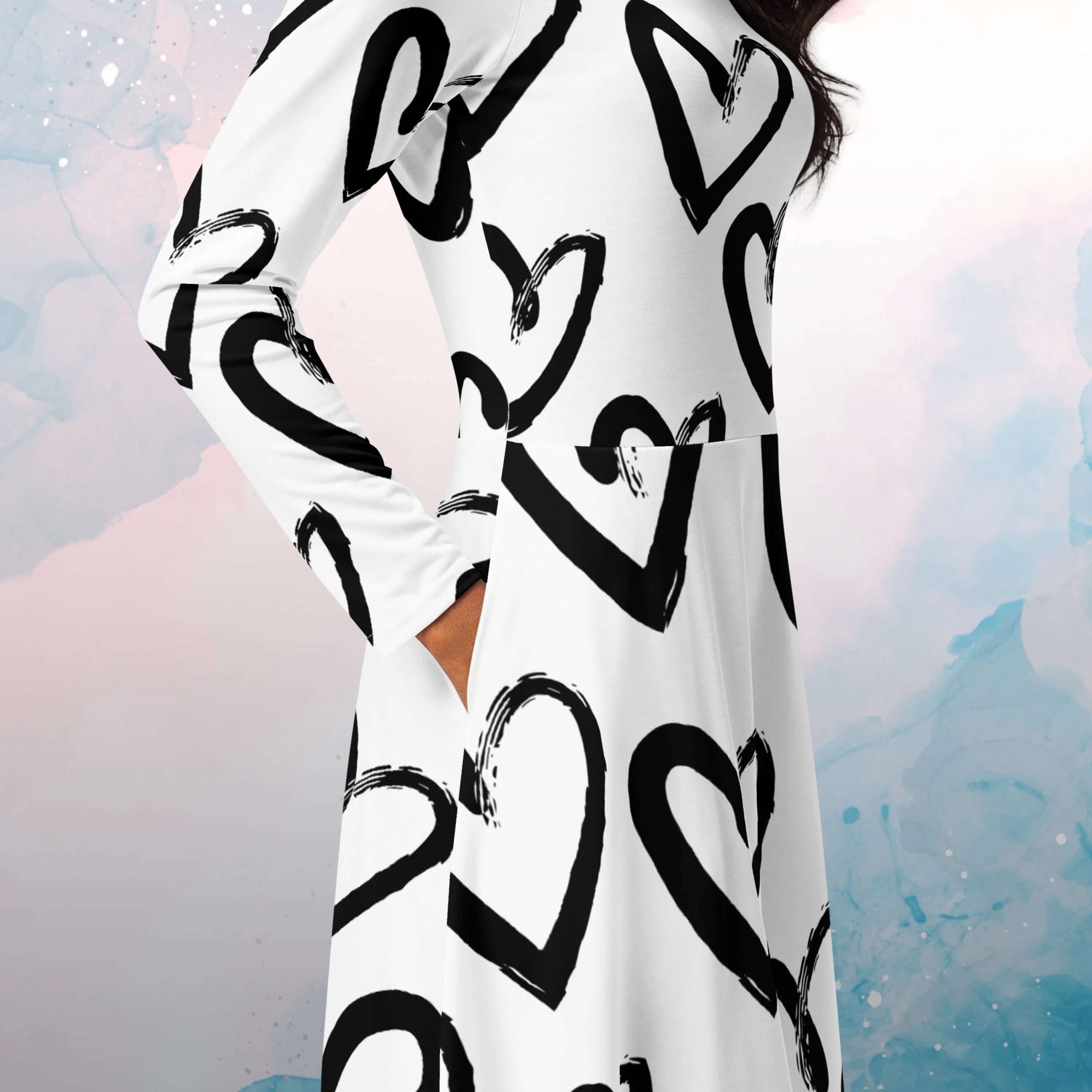 Brush Stroke Hearts Womens Long Sleeve Midi Dress with Pockets