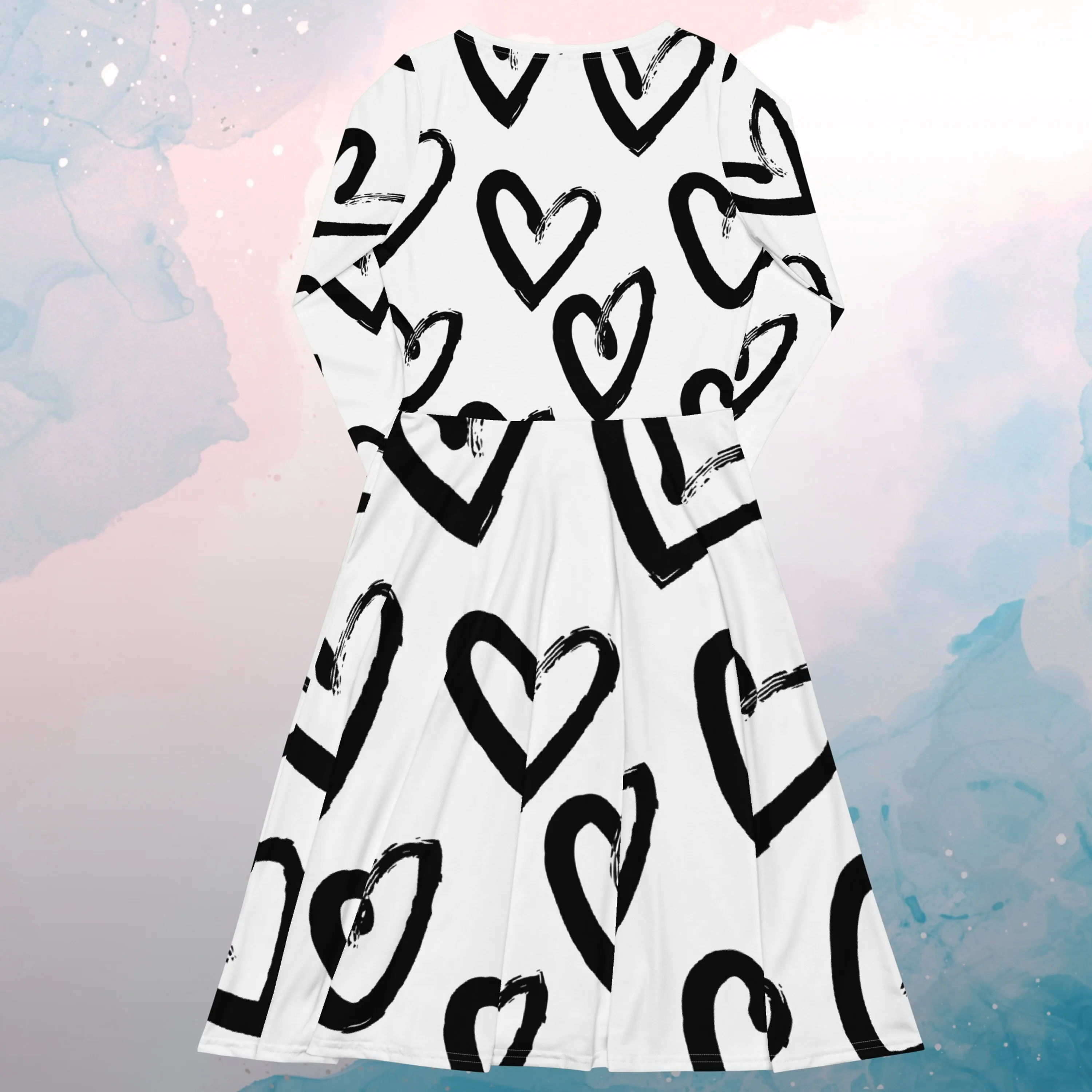 Brush Stroke Hearts Womens Long Sleeve Midi Dress with Pockets