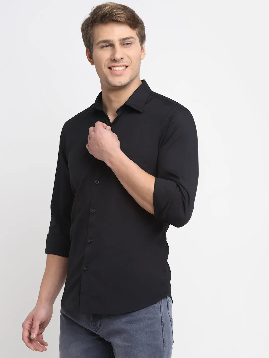 Cantabil Cotton Blend Solid Black Full Sleeve Casual Shirt for Men with Pocket