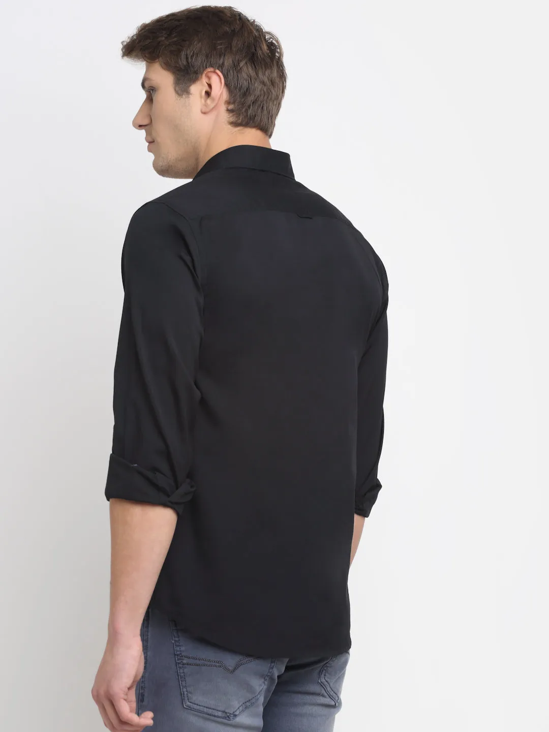 Cantabil Cotton Blend Solid Black Full Sleeve Casual Shirt for Men with Pocket
