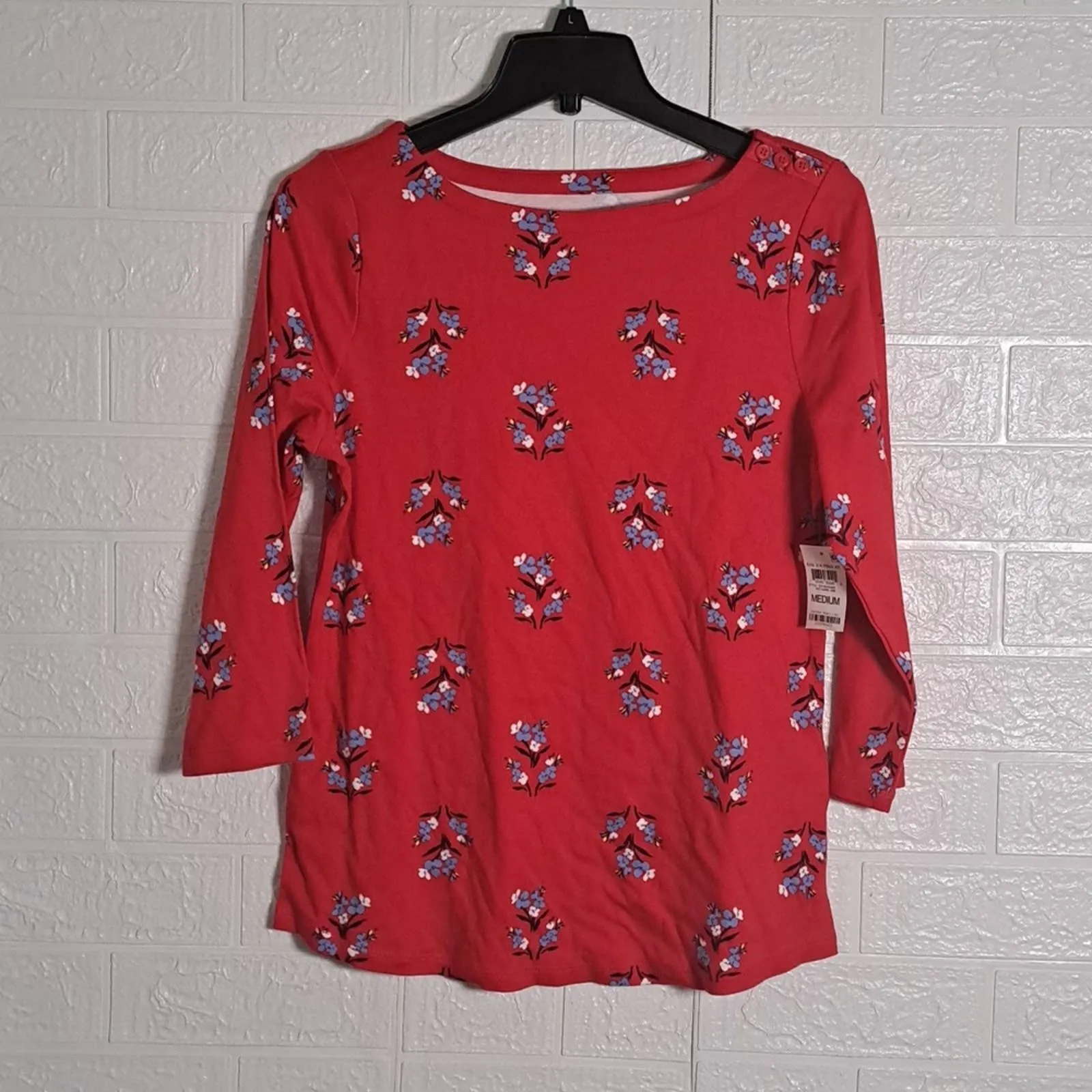 Charter Club Floral-Print Quarter-Sleeve Cotton Top Medium