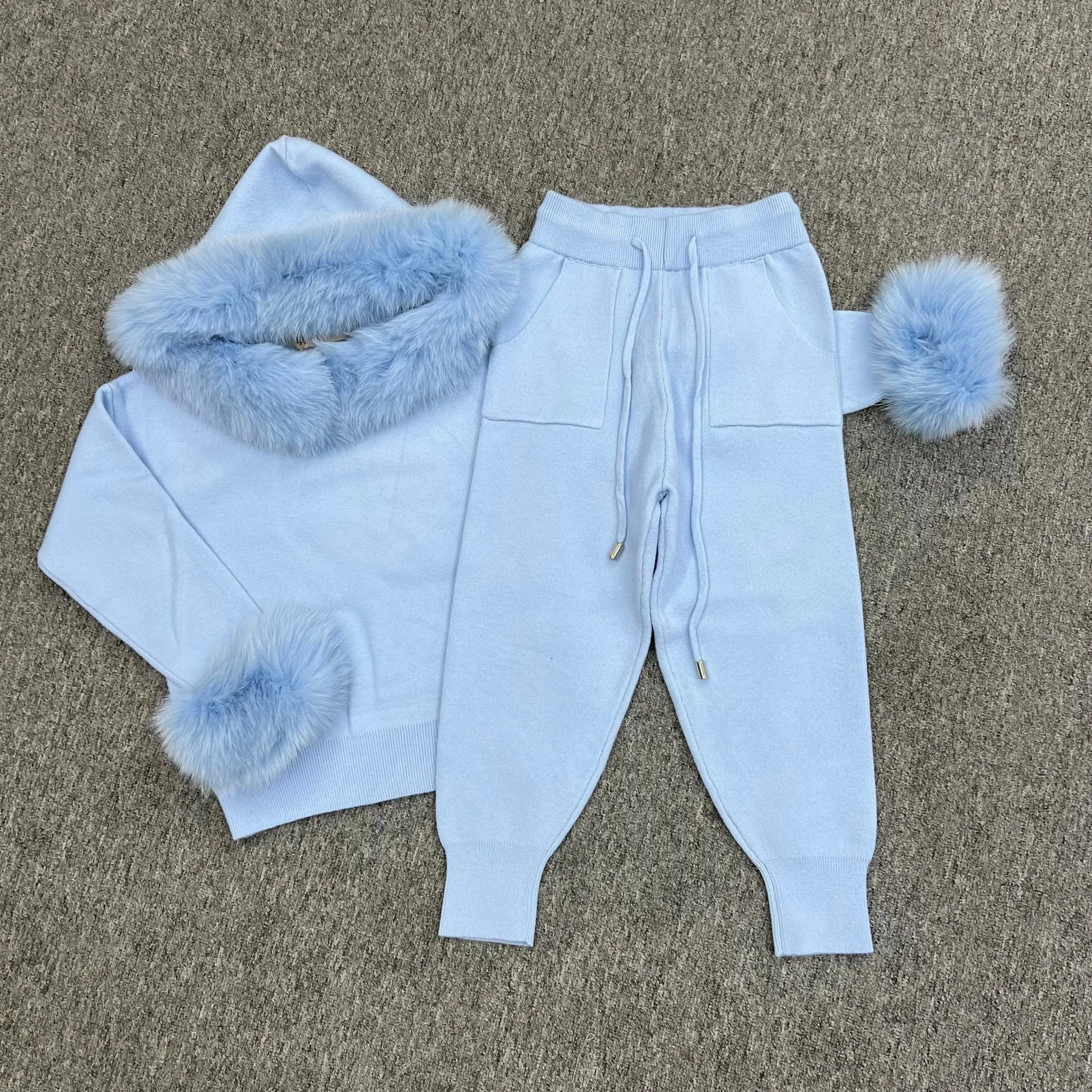 Childrens Baby Blue Luxury Fur Trim Hood & Cuff Tracksuit