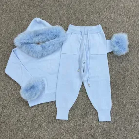 Childrens Baby Blue Luxury Fur Trim Hood & Cuff Tracksuit