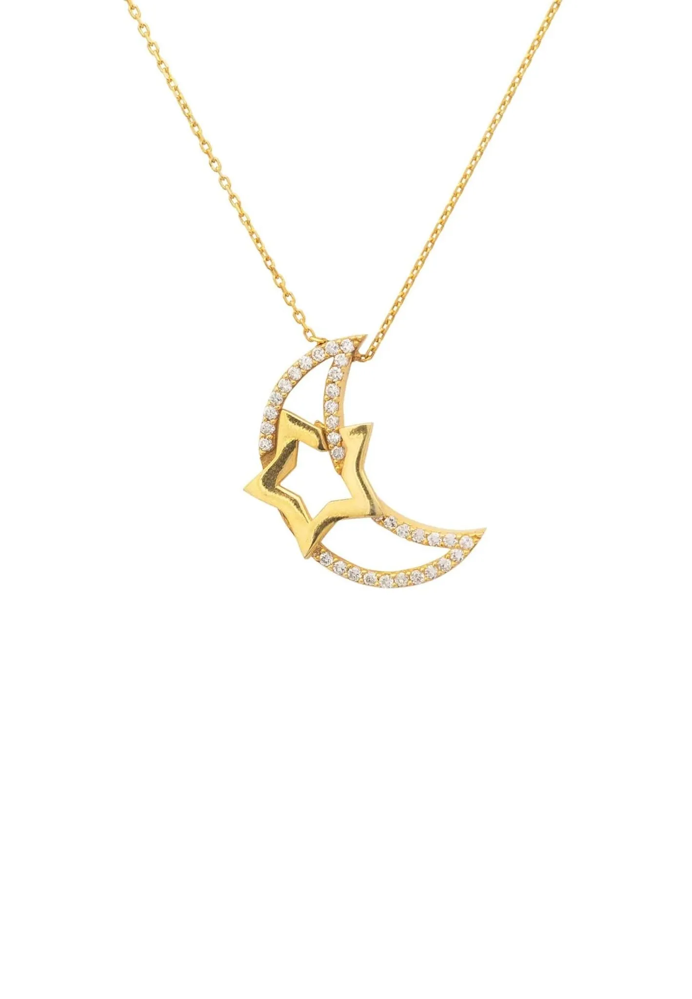 Crescent Moon & Star Pendant Necklace Gold