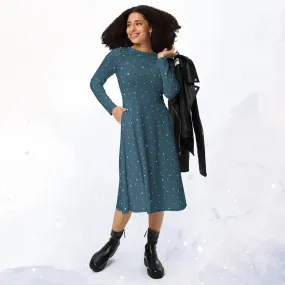 Dark Blue Polka Dot Long Sleeve Midi Dress with Pockets