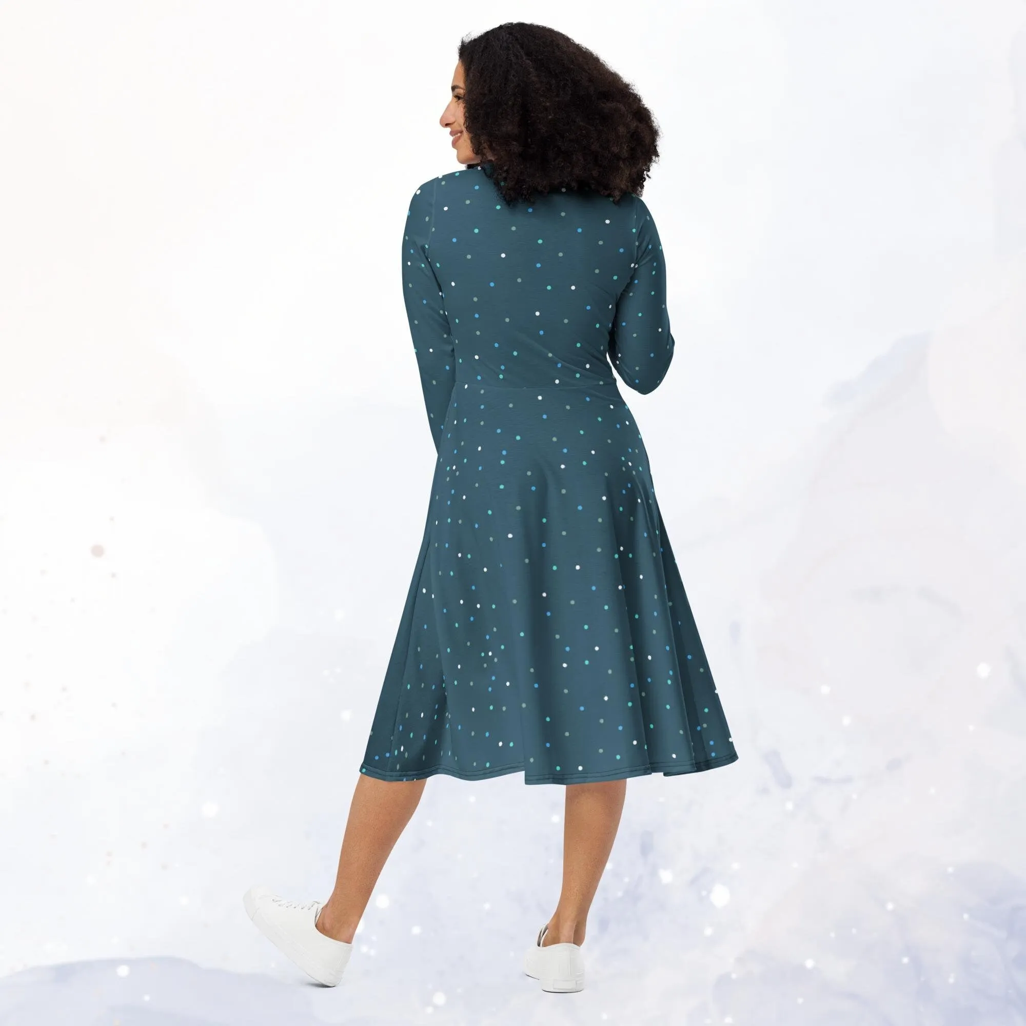 Dark Blue Polka Dot Long Sleeve Midi Dress with Pockets