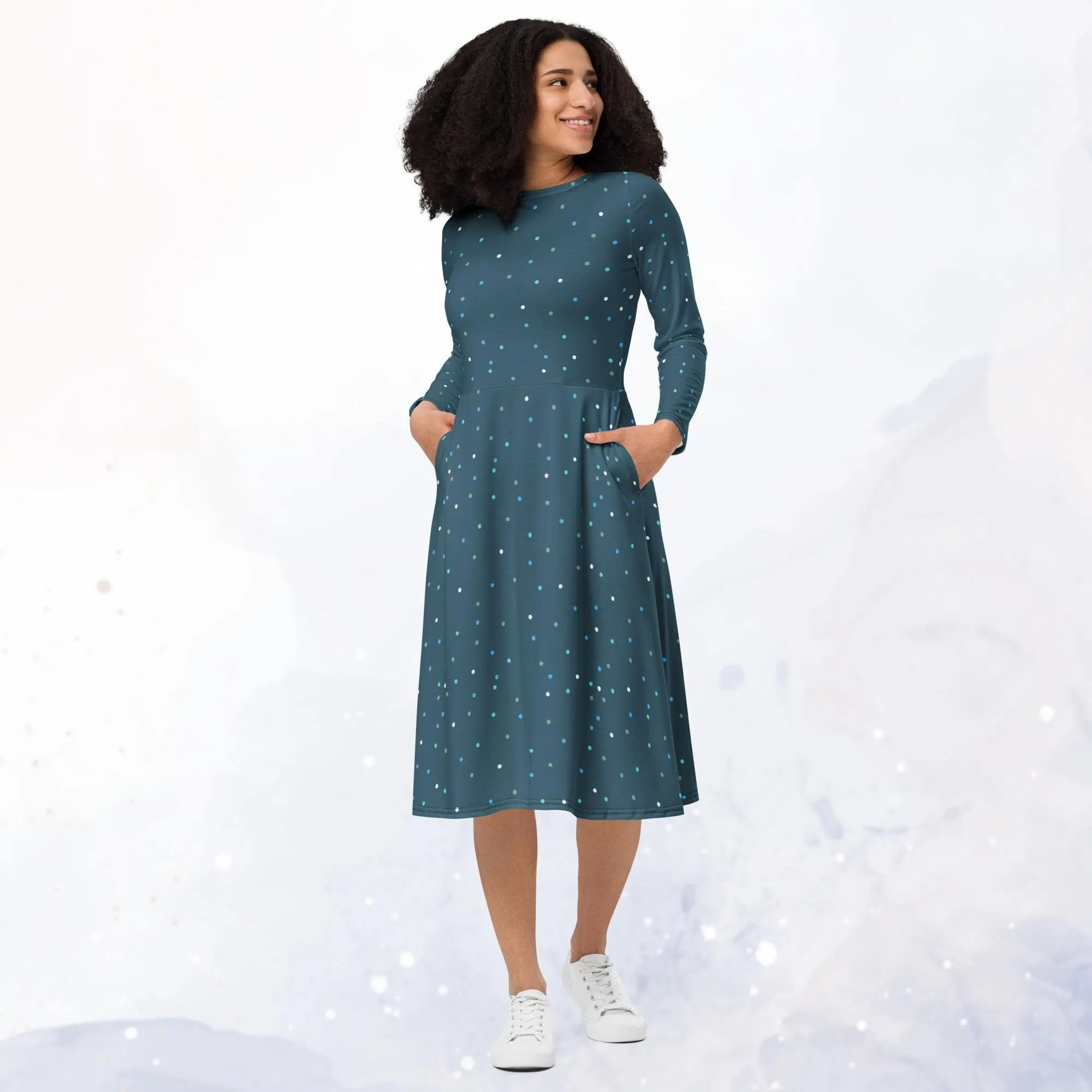 Dark Blue Polka Dot Long Sleeve Midi Dress with Pockets