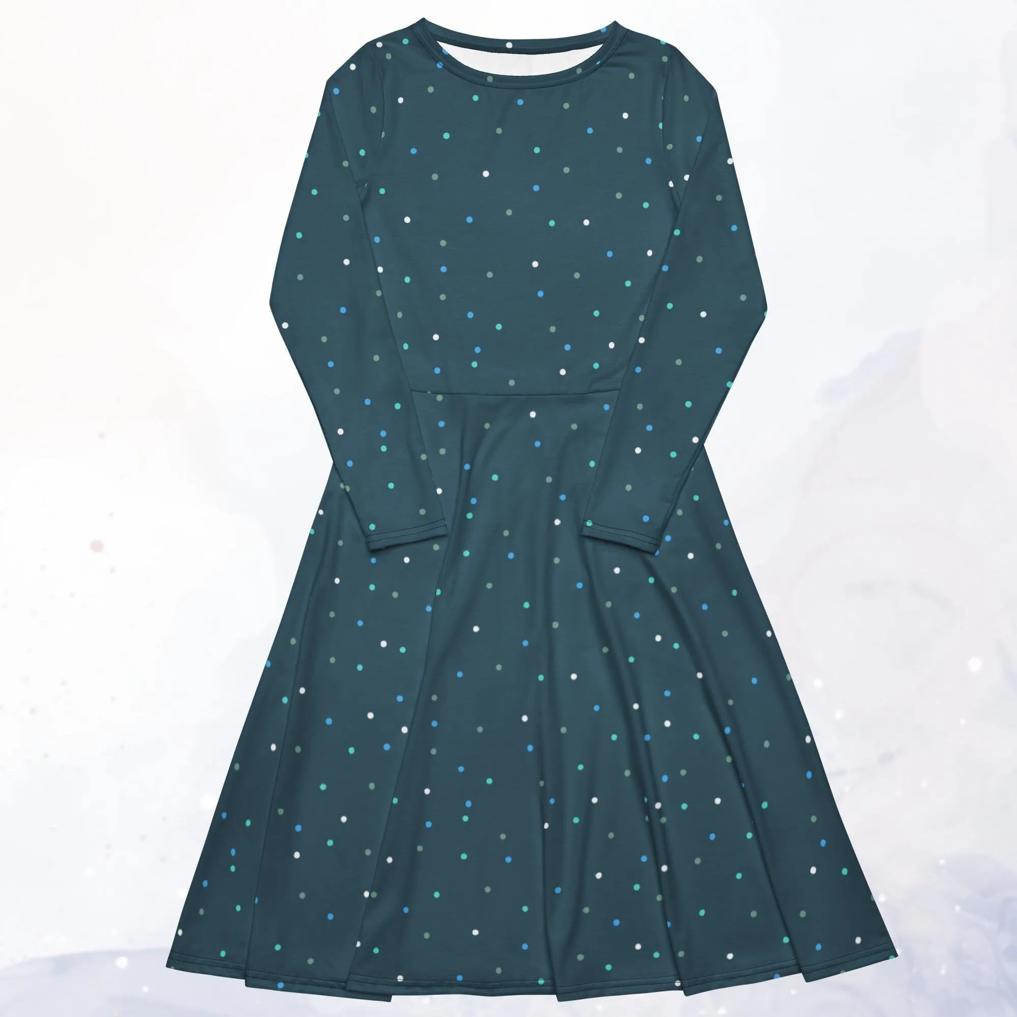 Dark Blue Polka Dot Long Sleeve Midi Dress with Pockets