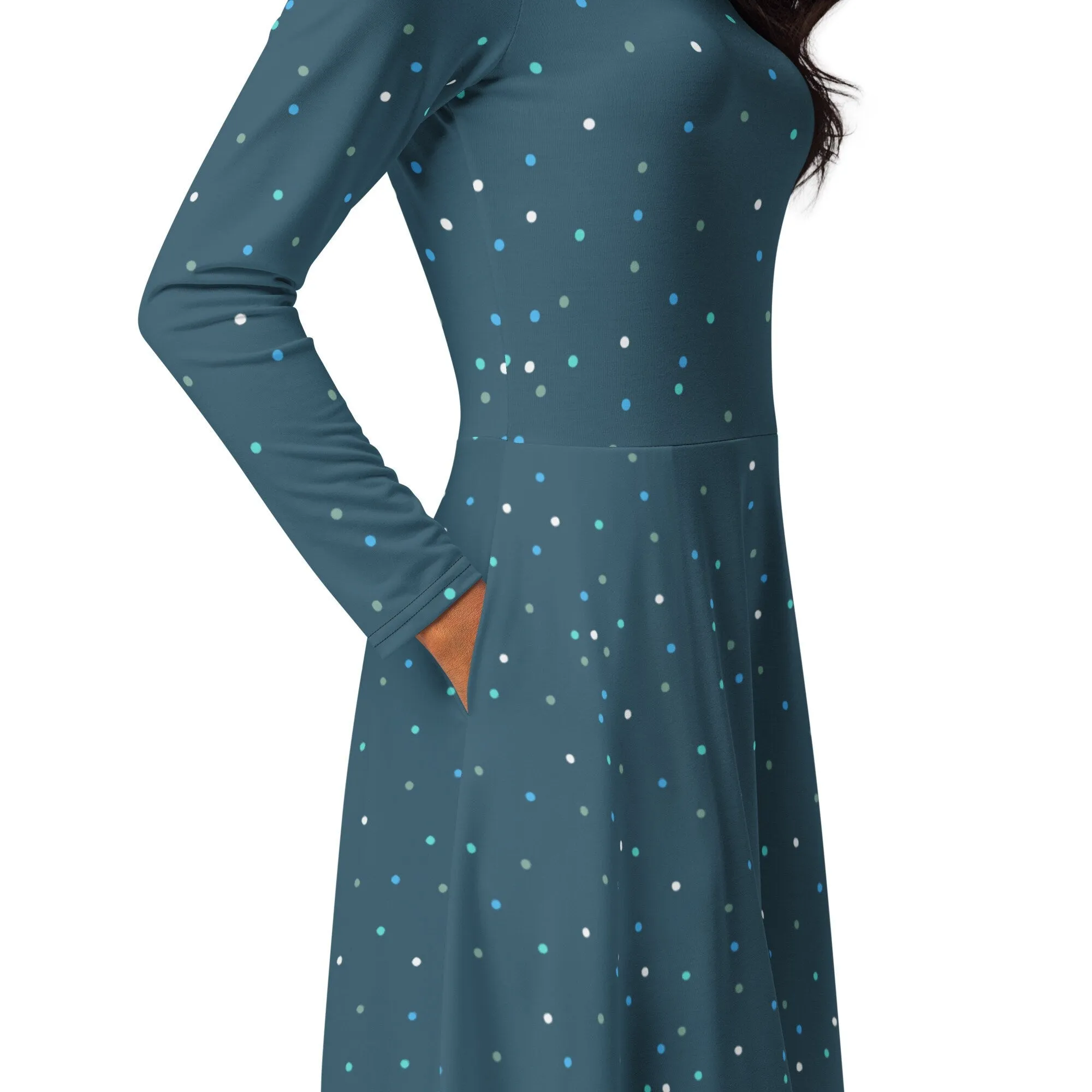 Dark Blue Polka Dot Long Sleeve Midi Dress with Pockets