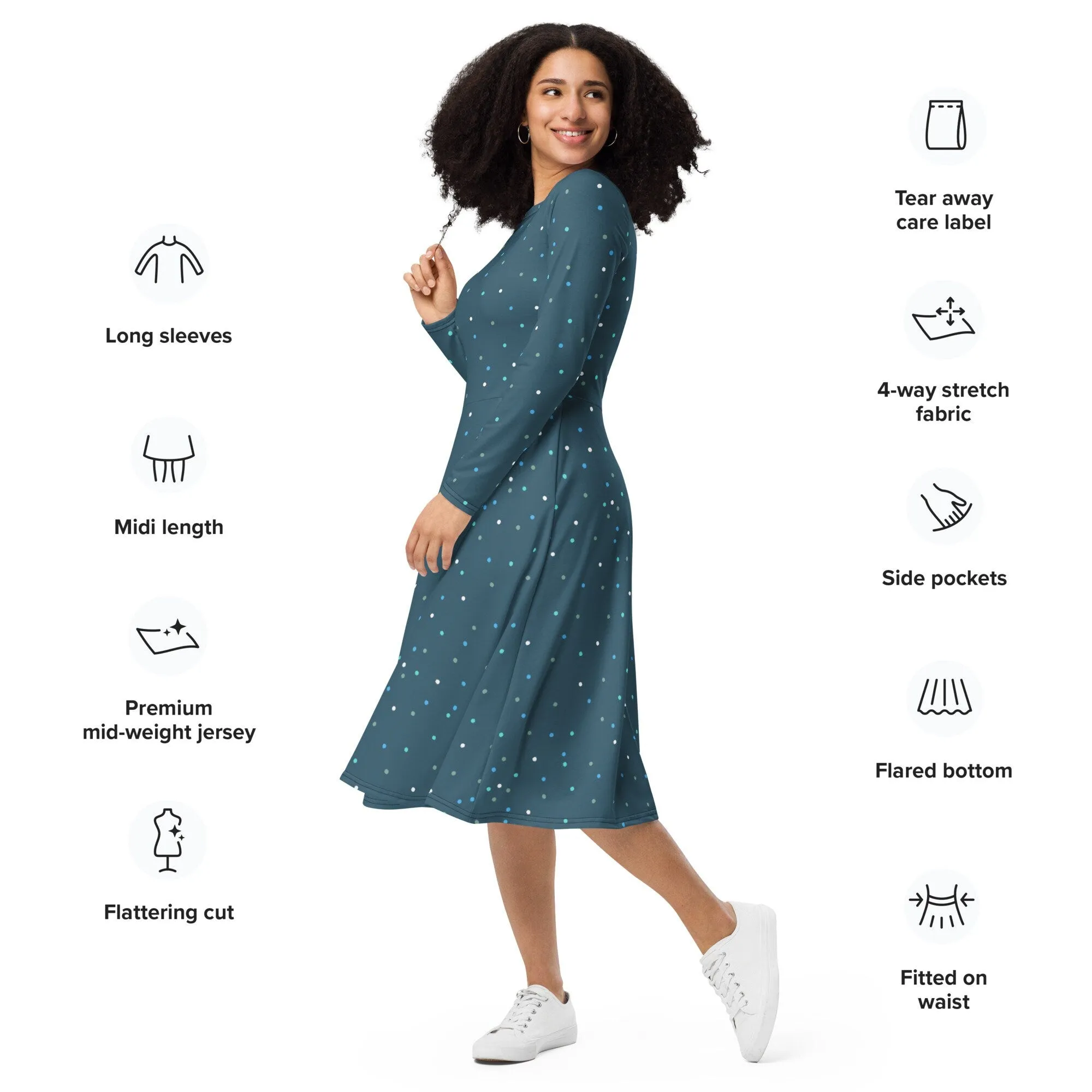 Dark Blue Polka Dot Long Sleeve Midi Dress with Pockets