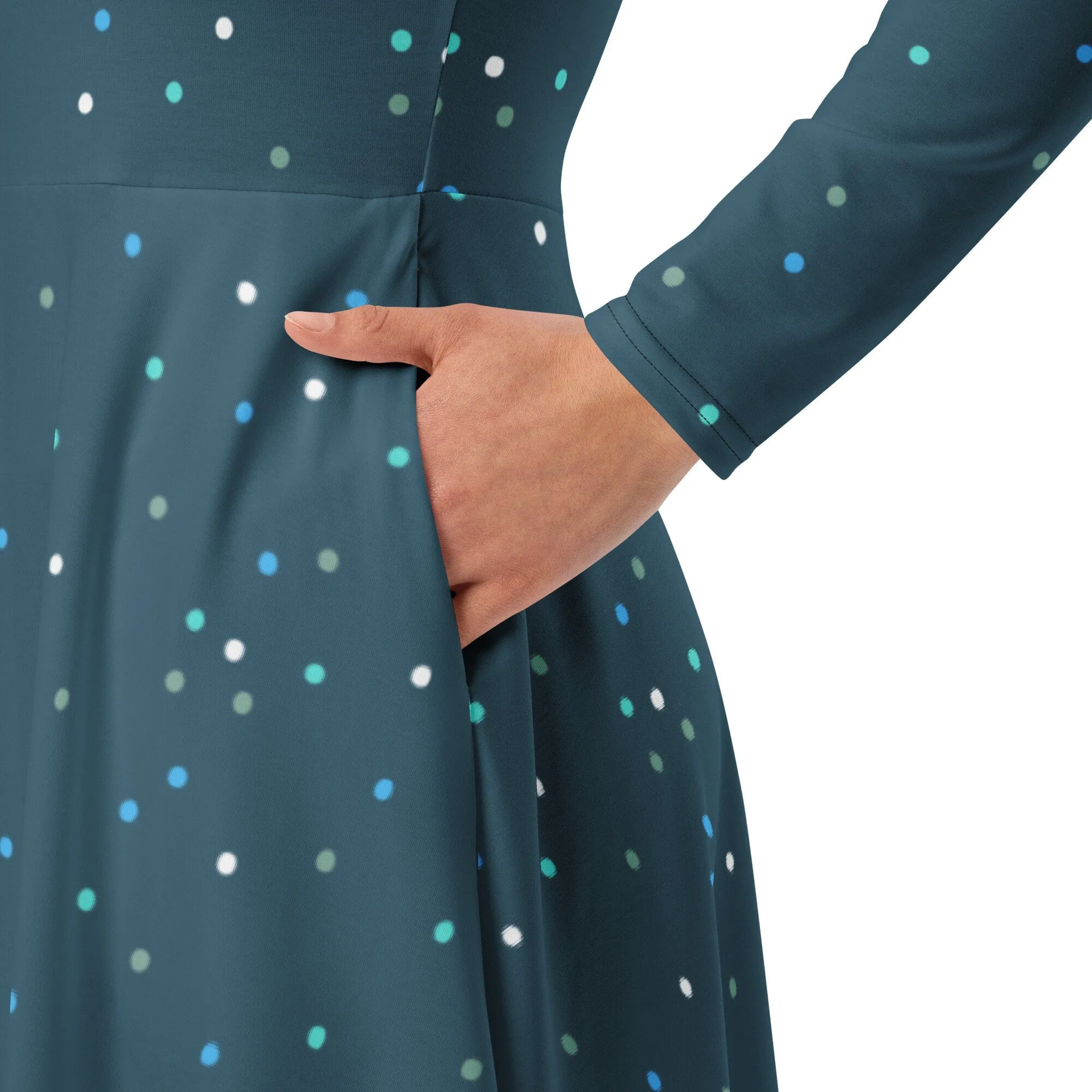 Dark Blue Polka Dot Long Sleeve Midi Dress with Pockets