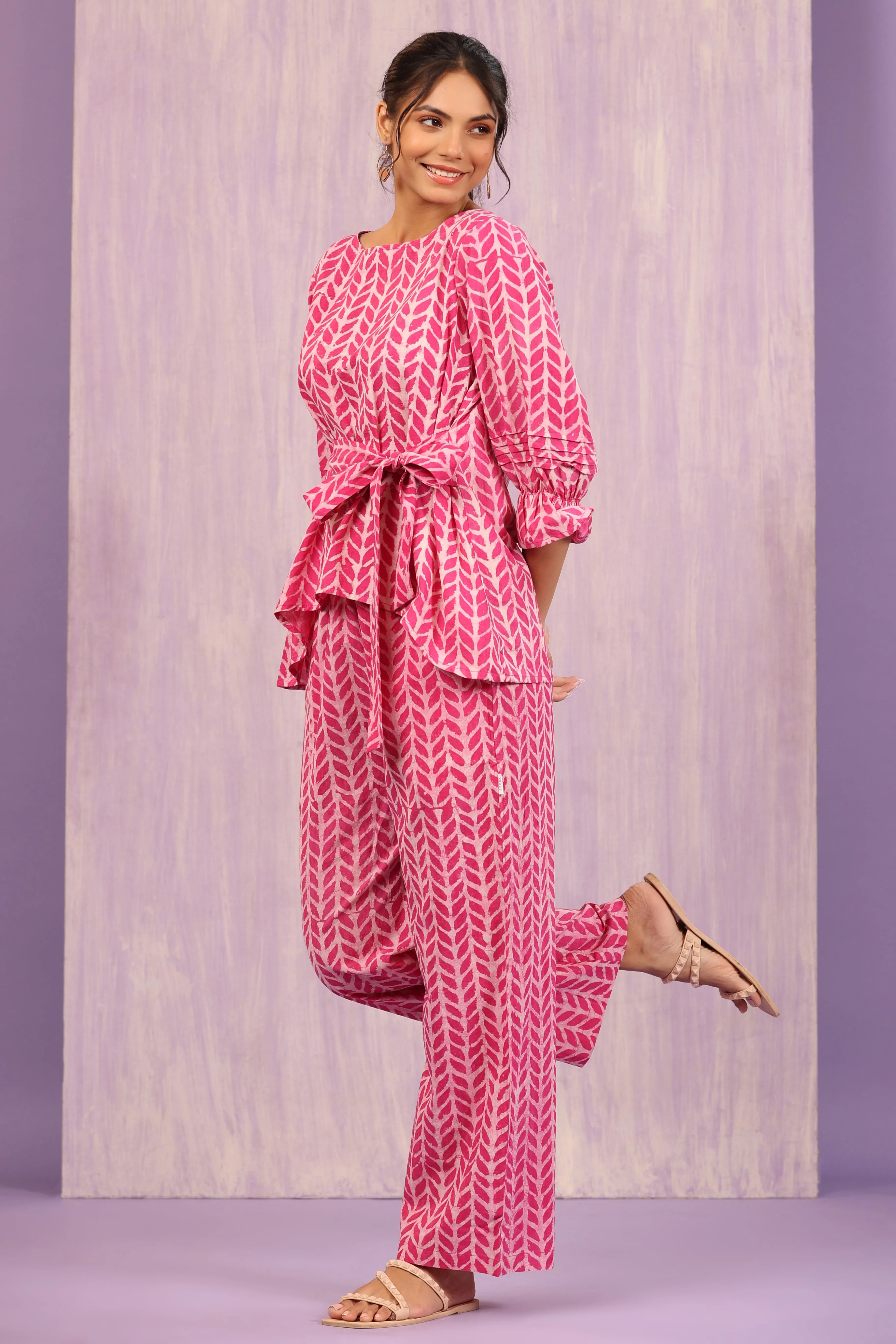 Flowing Leaves on Pink Front Knot Co-ord Set