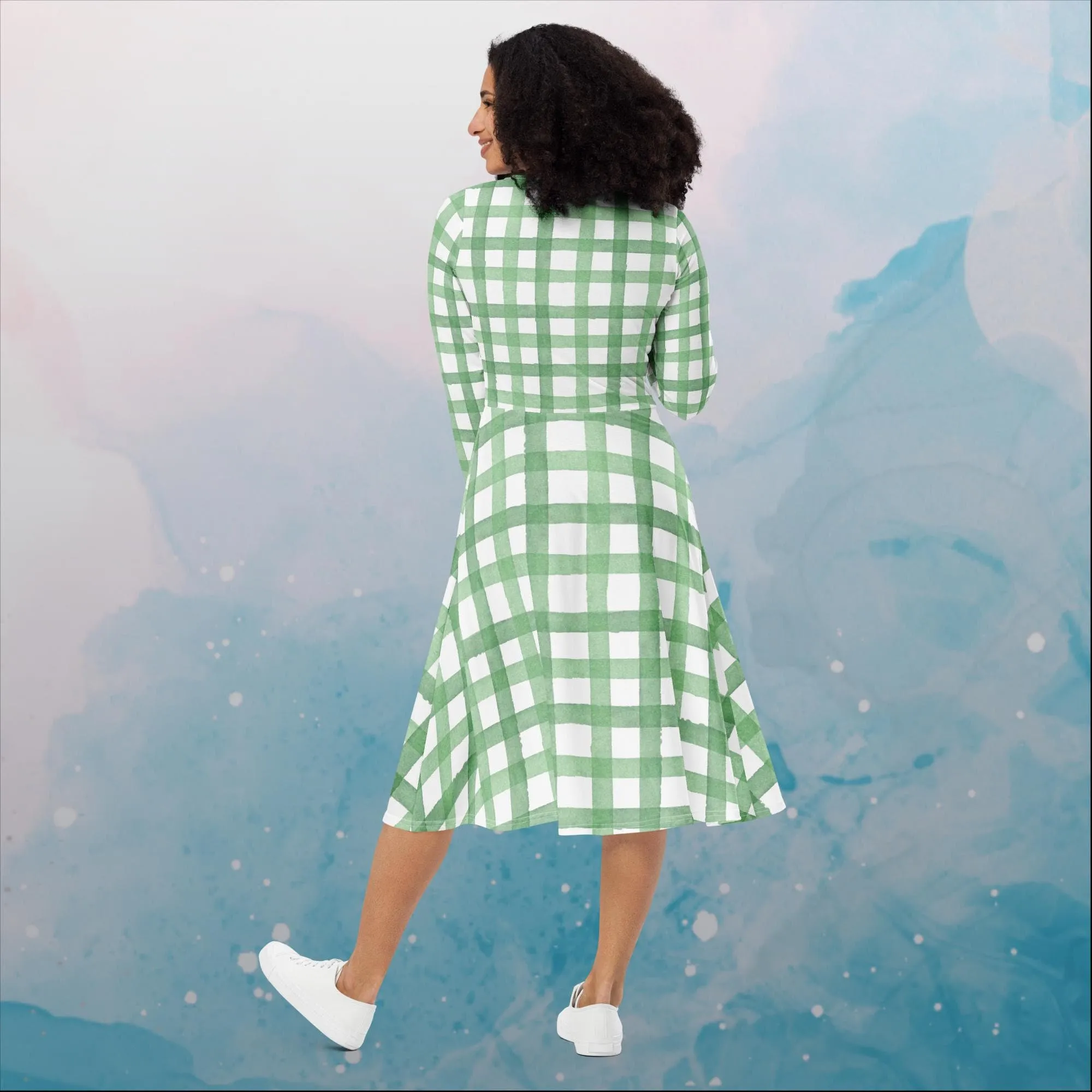 Green Gingham Print Womens Long Sleeve Midi Dress