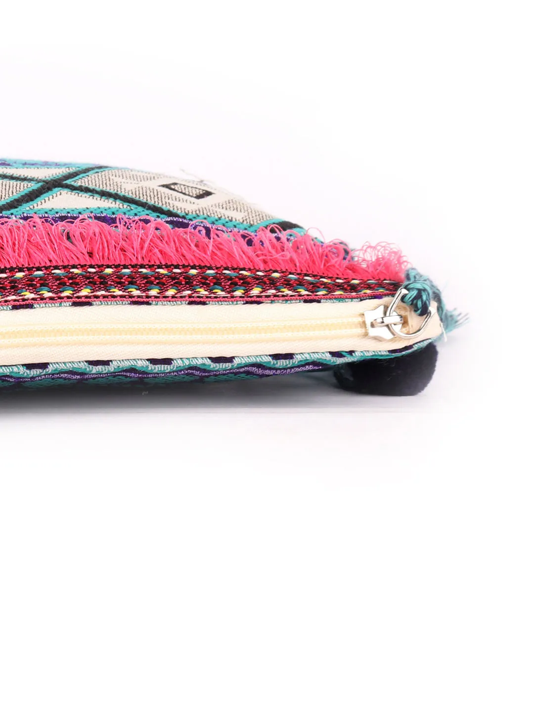 Green With Blue Colour Multi Pattern Woven Makeup/Travel Pouch With Tassels