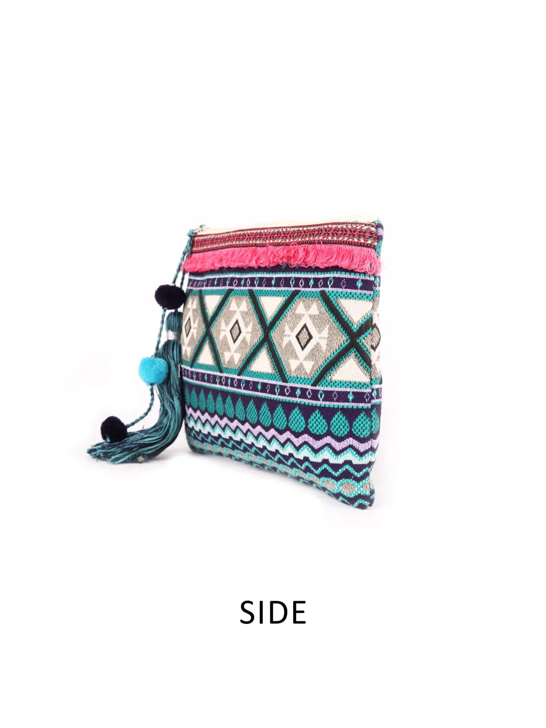 Green With Blue Colour Multi Pattern Woven Makeup/Travel Pouch With Tassels