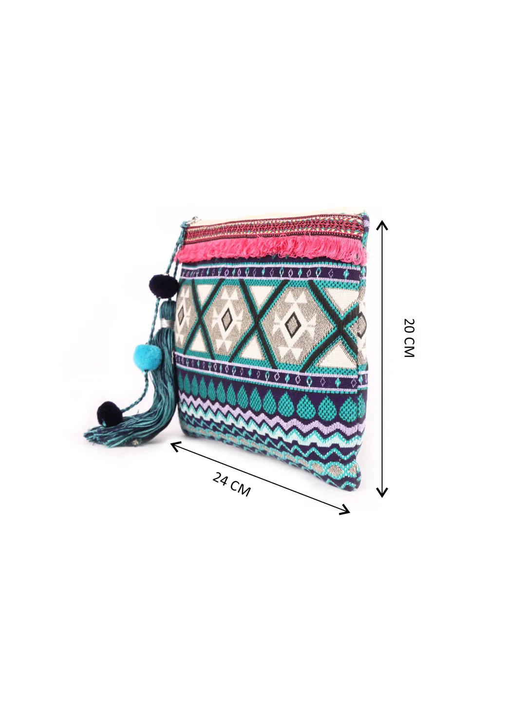 Green With Blue Colour Multi Pattern Woven Makeup/Travel Pouch With Tassels