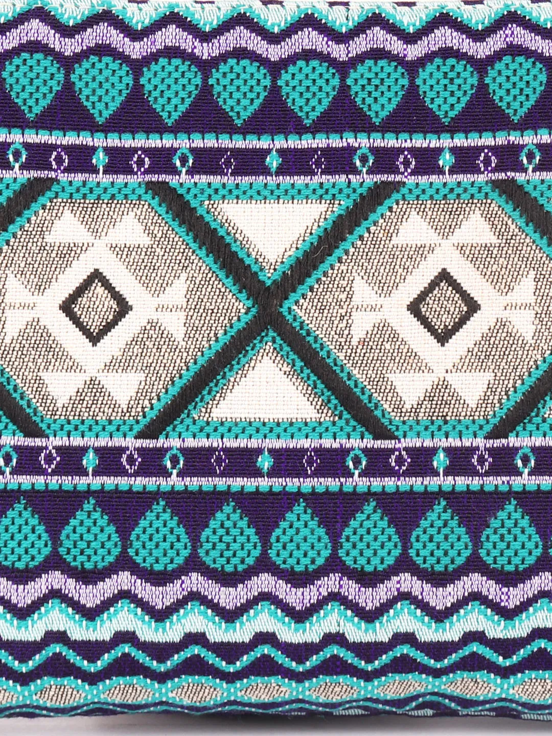 Green With Blue Colour Multi Pattern Woven Makeup/Travel Pouch With Tassels