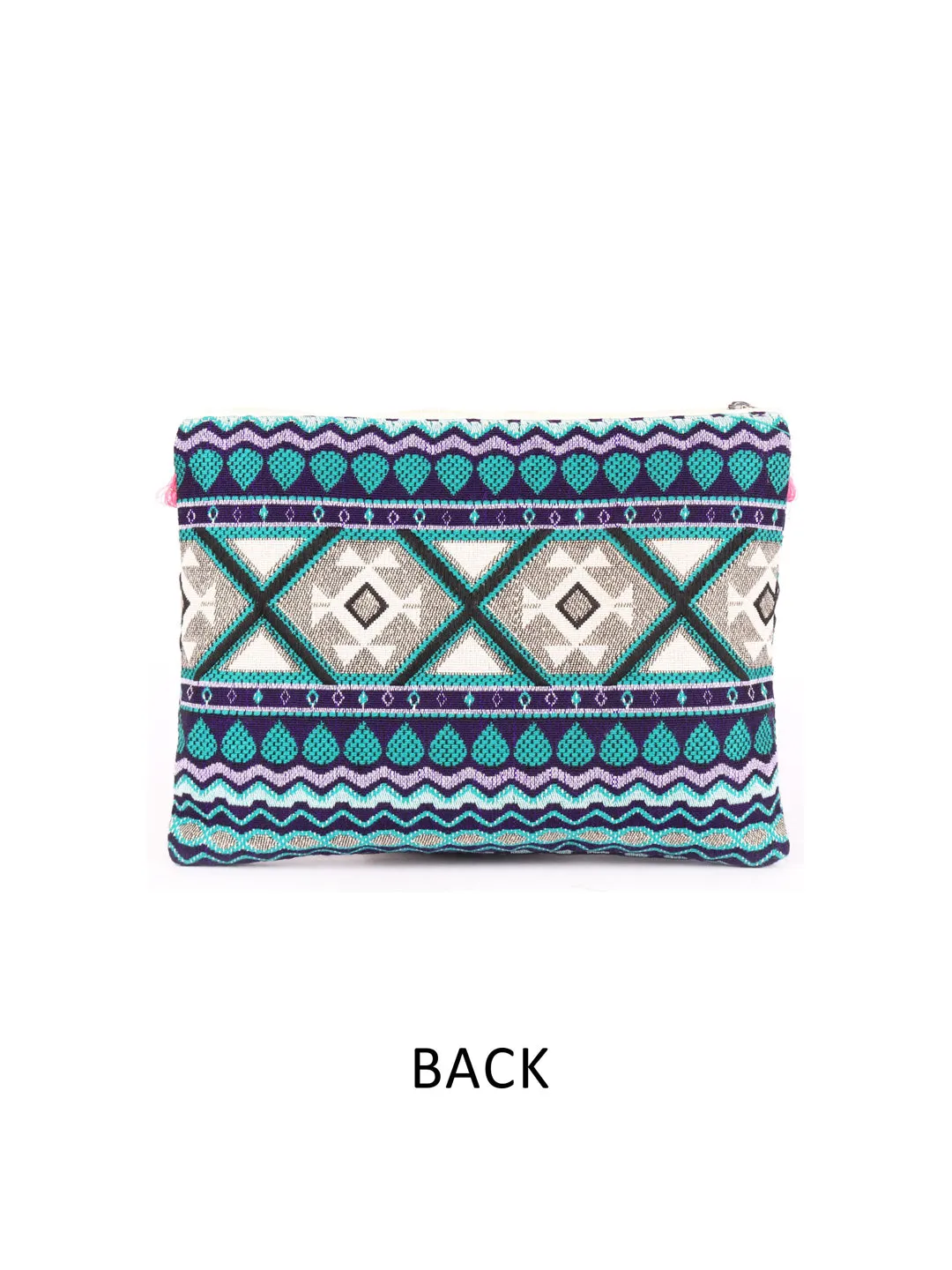 Green With Blue Colour Multi Pattern Woven Makeup/Travel Pouch With Tassels