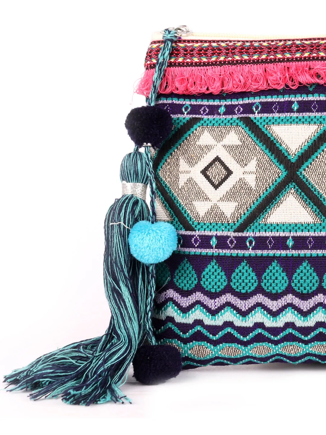 Green With Blue Colour Multi Pattern Woven Makeup/Travel Pouch With Tassels