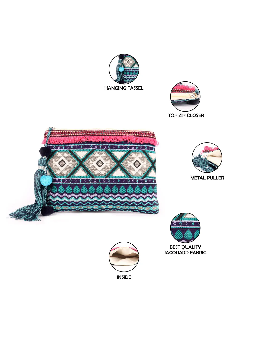 Green With Blue Colour Multi Pattern Woven Makeup/Travel Pouch With Tassels