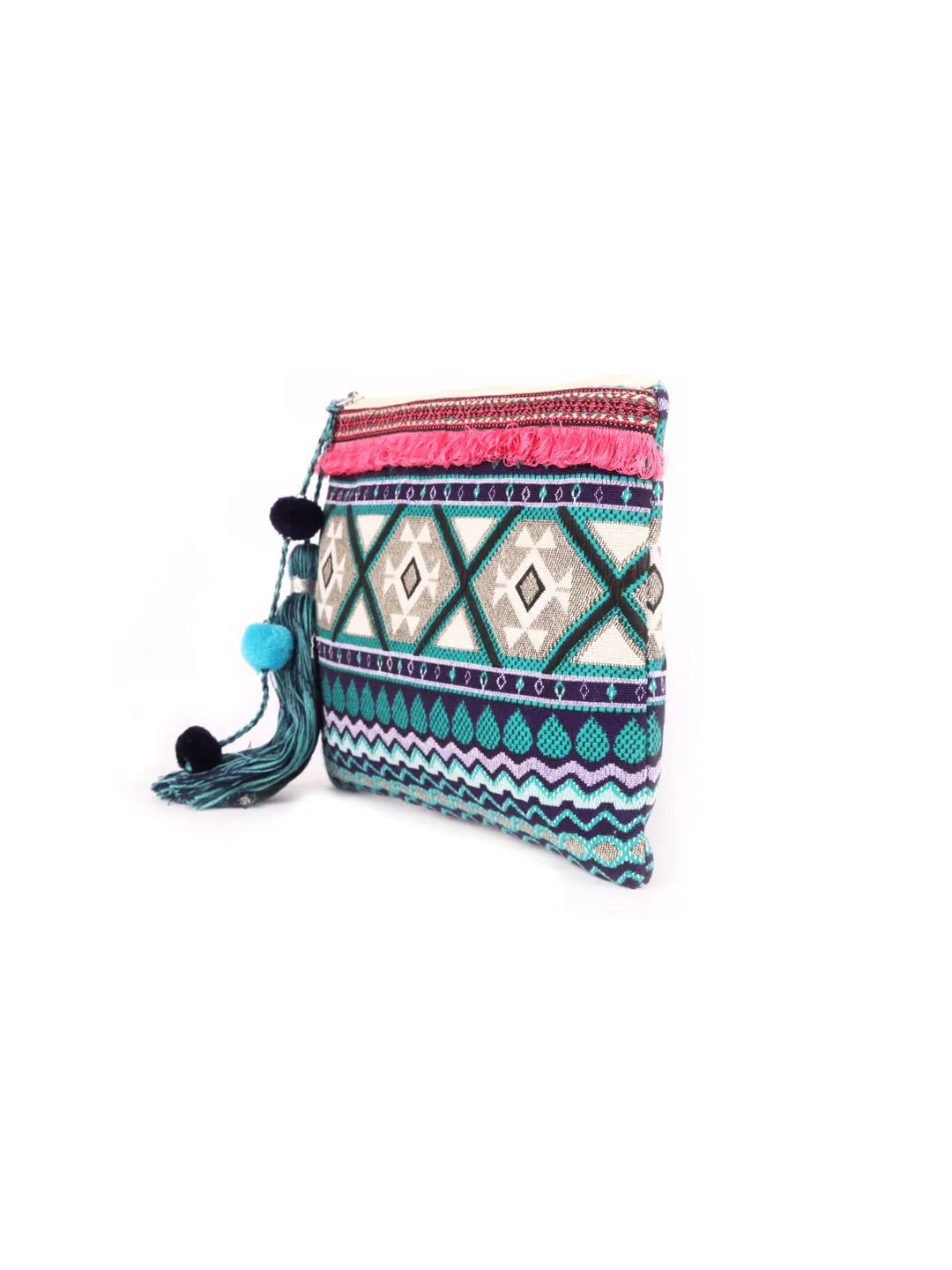 Green With Blue Colour Multi Pattern Woven Makeup/Travel Pouch With Tassels