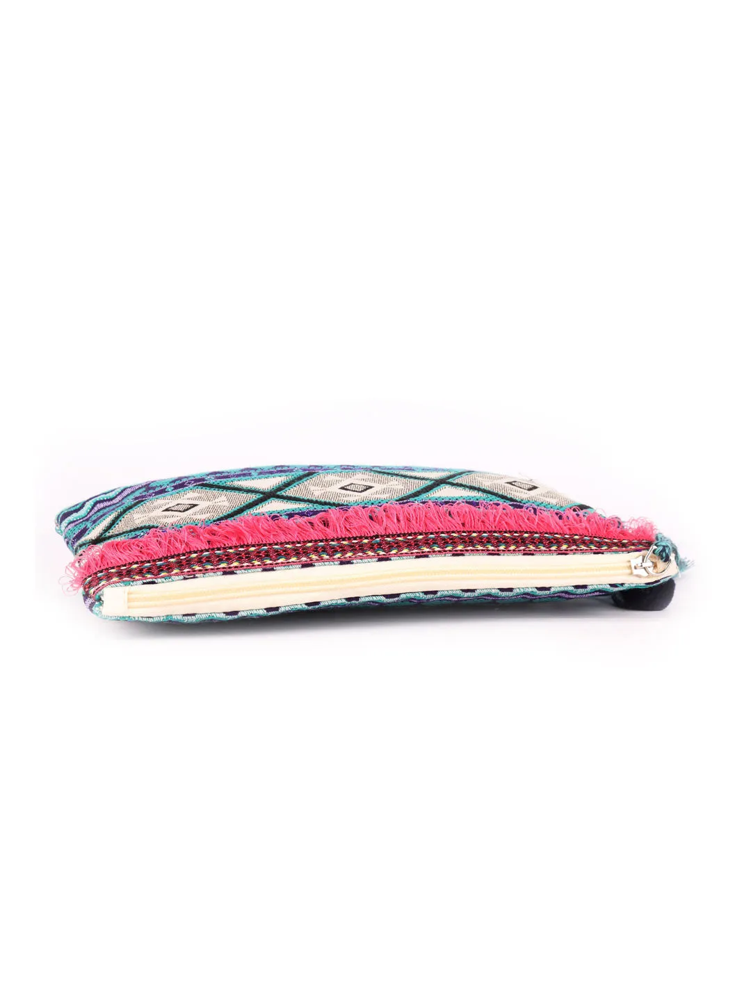Green With Blue Colour Multi Pattern Woven Makeup/Travel Pouch With Tassels